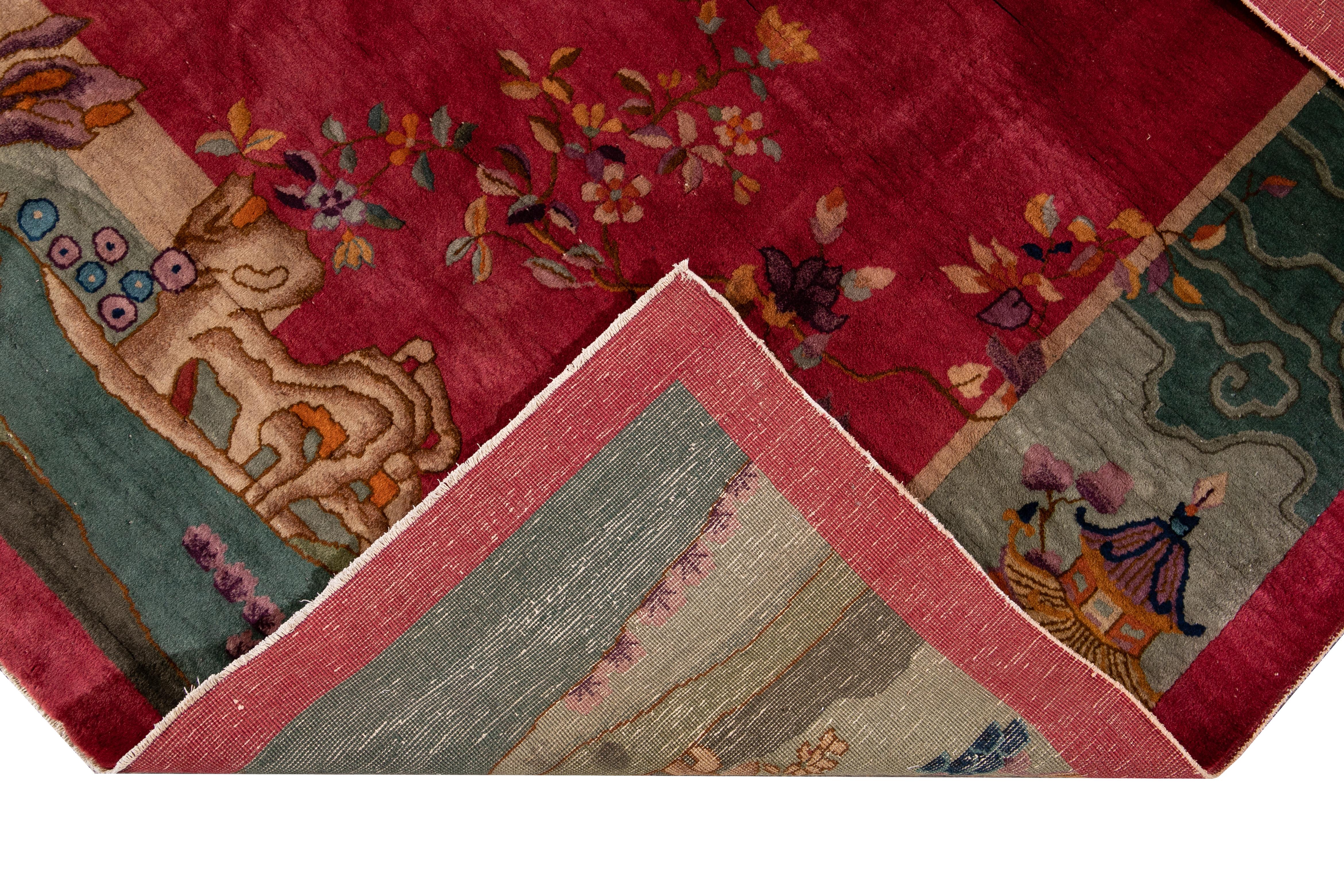 Exportation chinoise Tapis Art Déco ancien en laine traditionnelle chinoise rouge Brigth fabriqué à la main en vente