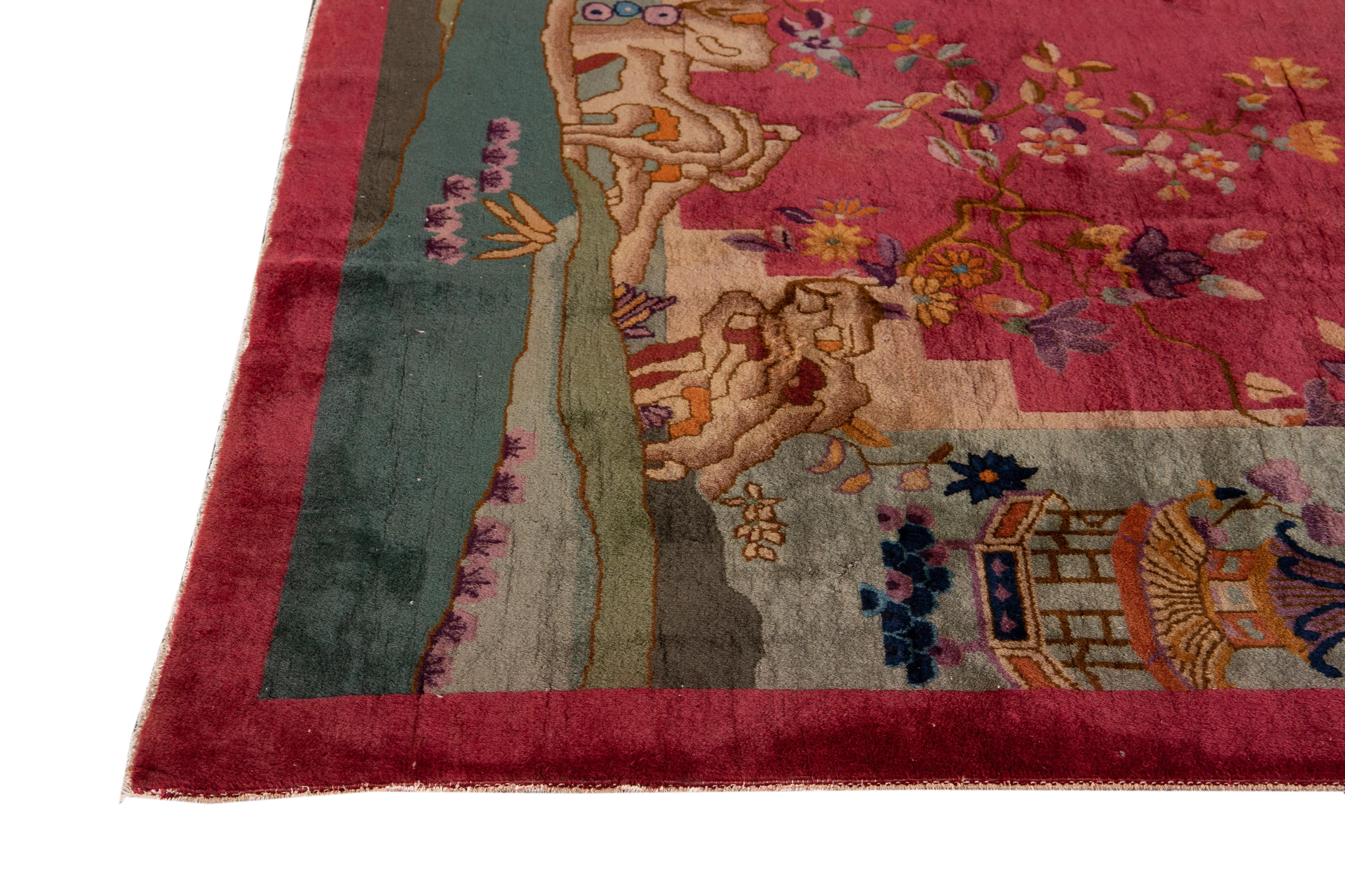 Noué à la main Tapis Art Déco ancien en laine traditionnelle chinoise rouge Brigth fabriqué à la main en vente