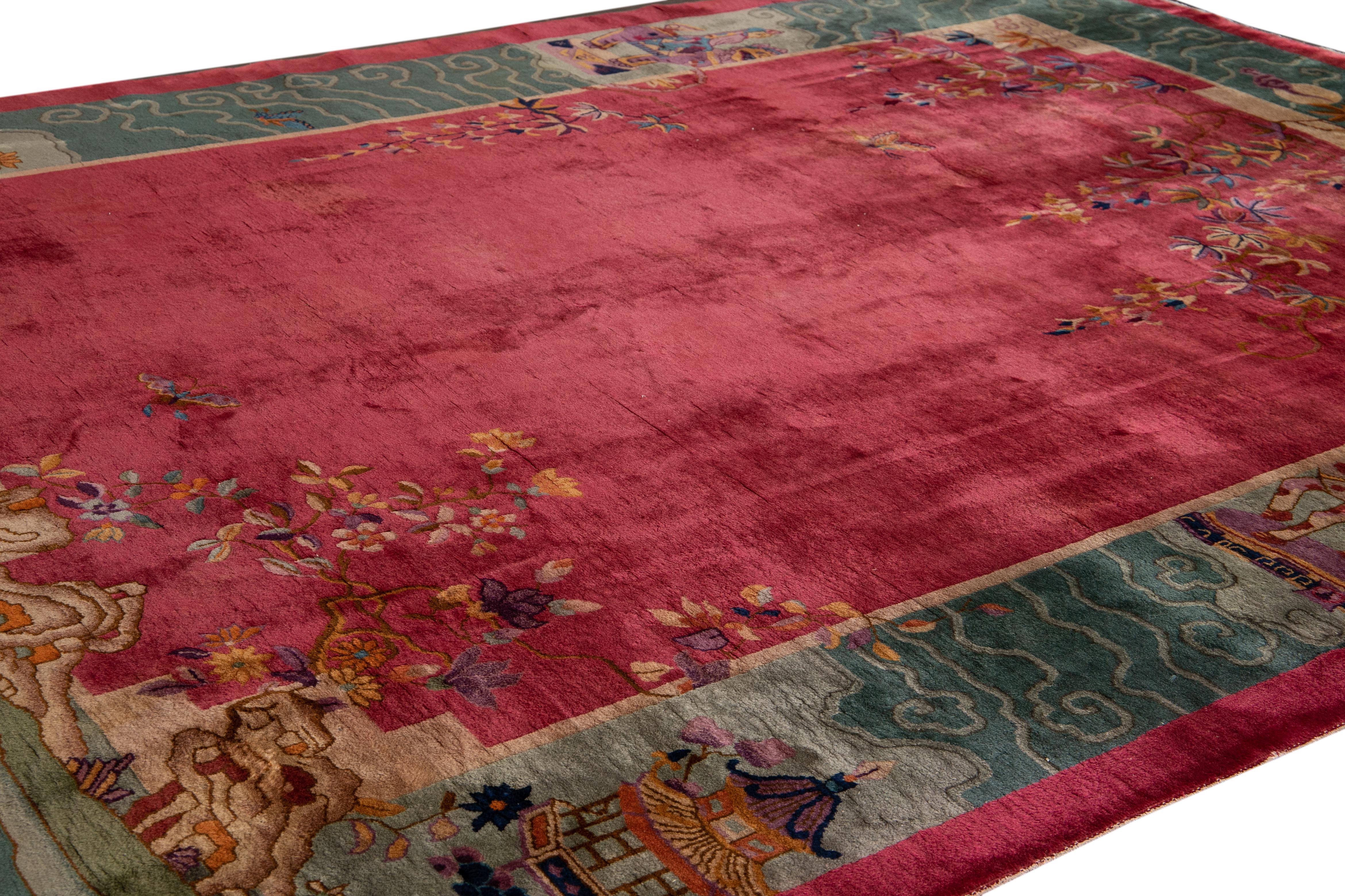 Tapis Art Déco ancien en laine traditionnelle chinoise rouge Brigth fabriqué à la main Excellent état - En vente à Norwalk, CT
