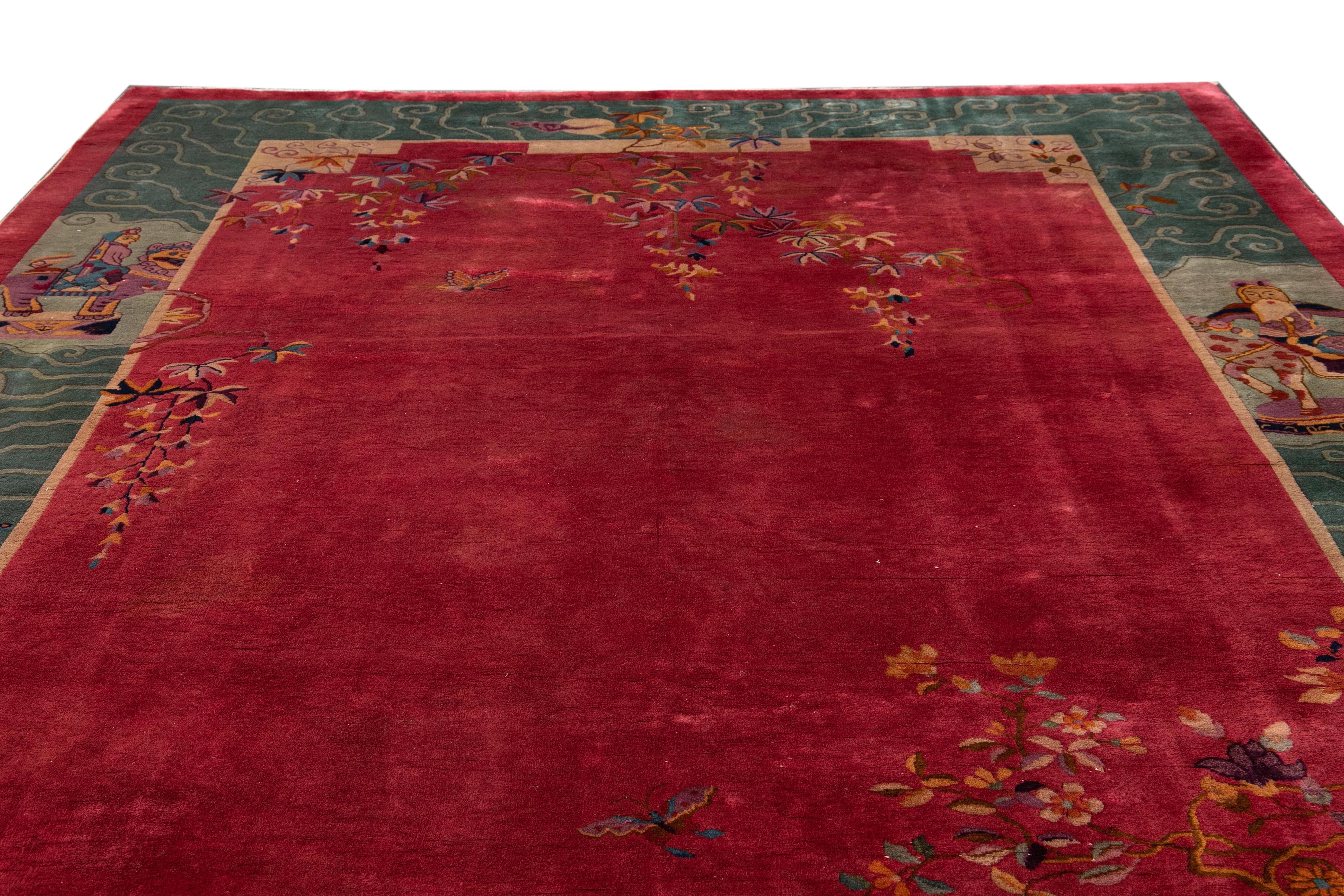 Laine Tapis Art Déco ancien en laine traditionnelle chinoise rouge Brigth fabriqué à la main en vente