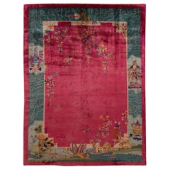 Tapis Art Déco ancien en laine traditionnelle chinoise rouge Brigth fabriqué à la main