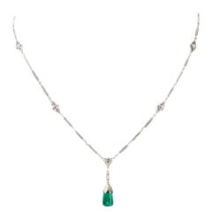 Antique Art Deco Briolette Emerald Diamond Platinum Necklace