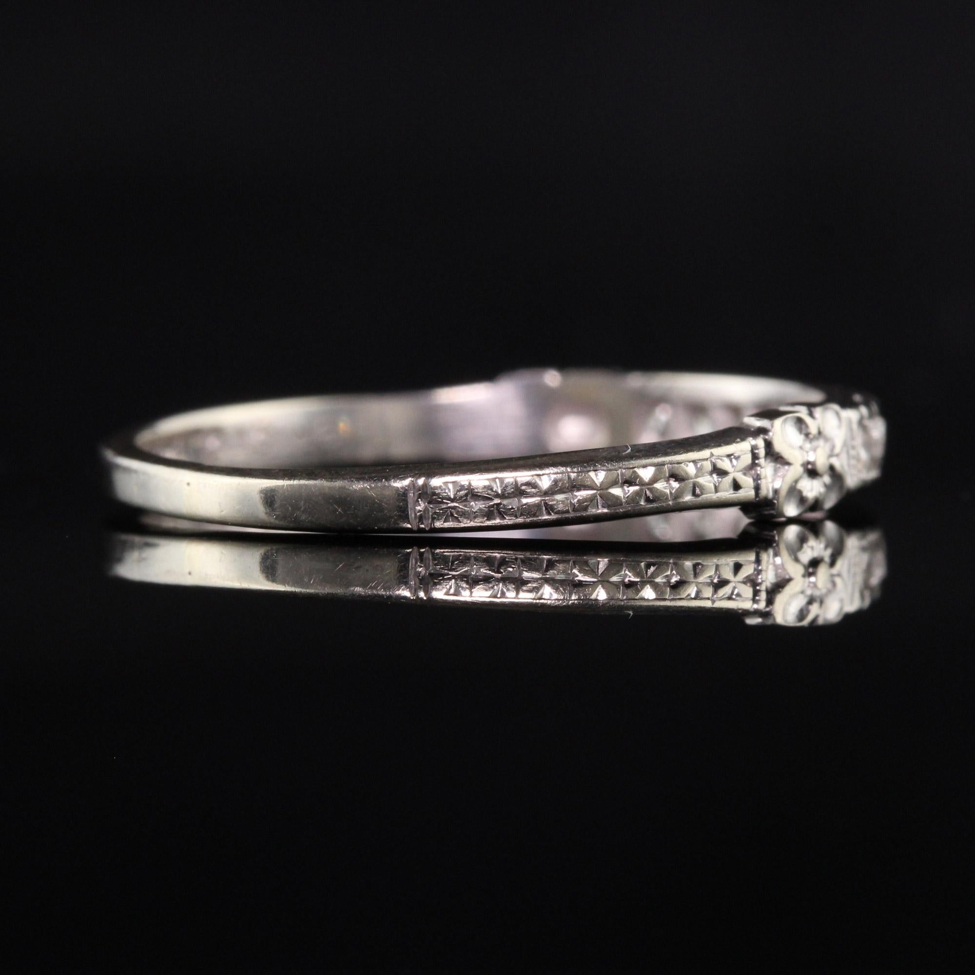 Antique Art Deco Bristol 14K White Gold Engraved Diamond Wedding Band In Good Condition In Great Neck, NY