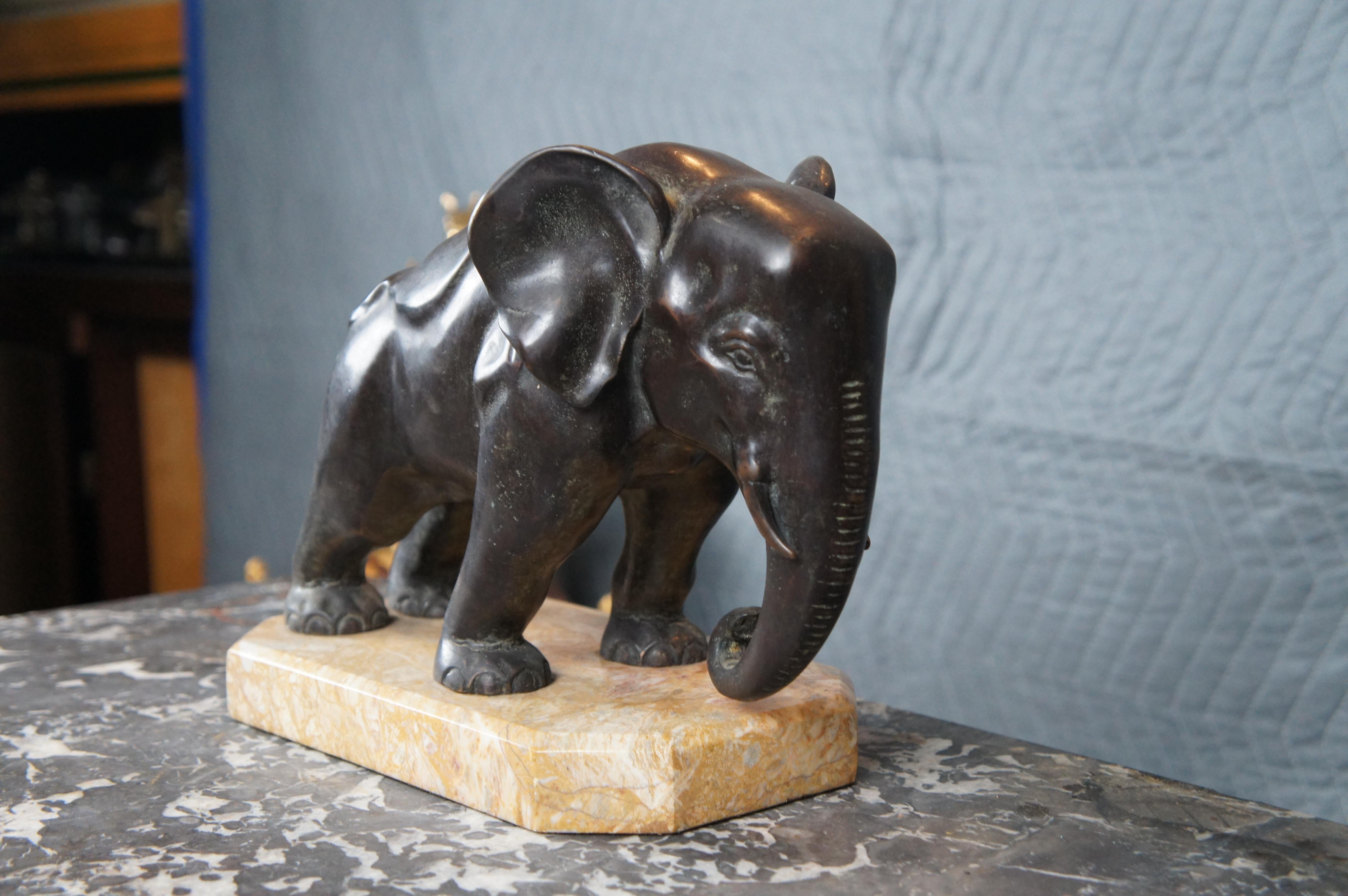 Antike Art Deco Bronze Elefant Buchstütze Marmor Sockel Skulptur Statue 11