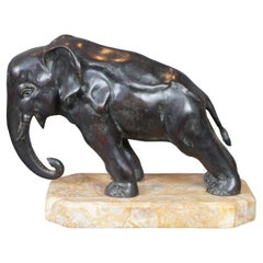 Serre-livres Art Déco éléphant en bronze, sculpture sur socle en marbre 11 pouces