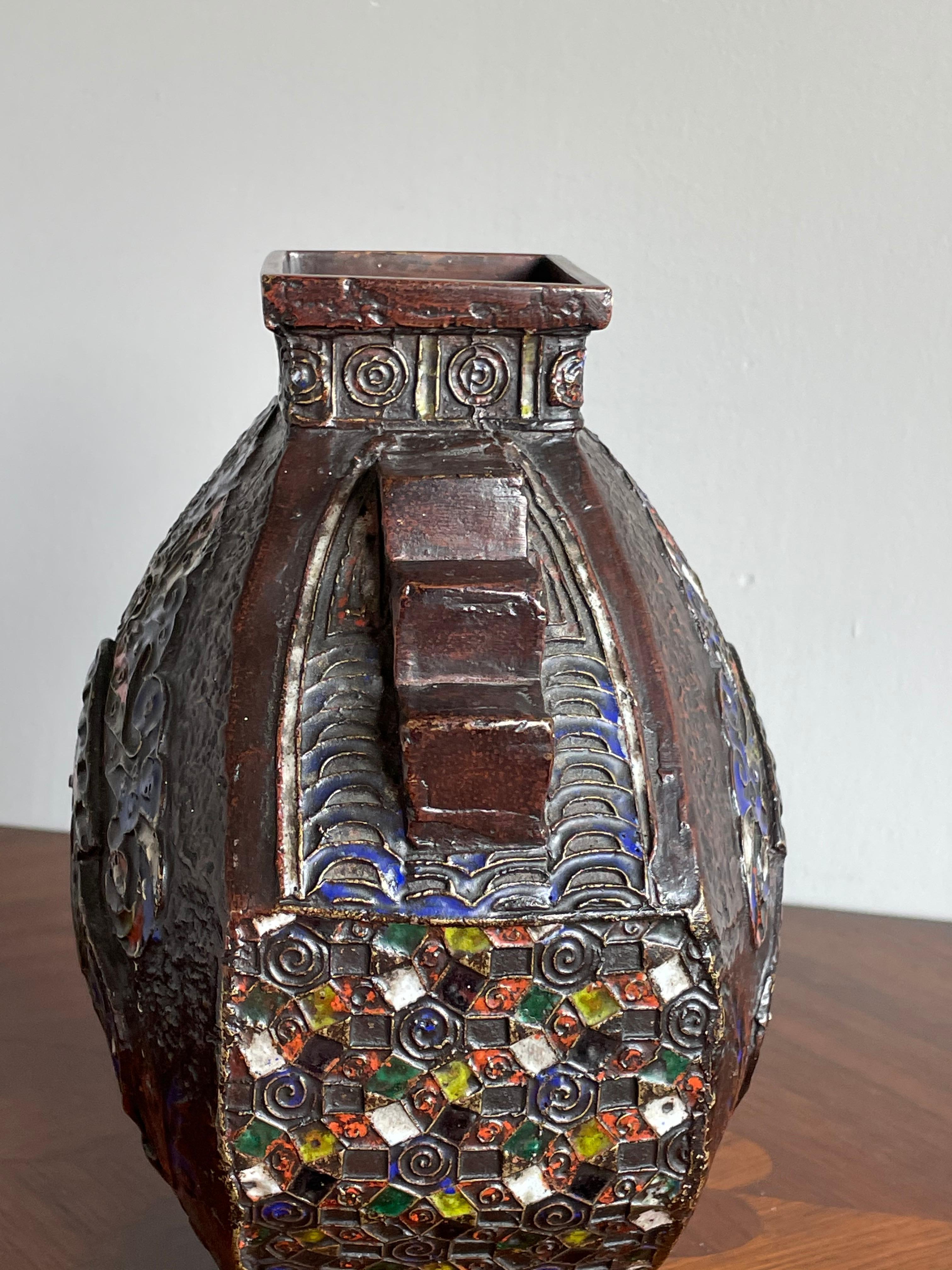 Antique Art Deco Bronze Enameled / Cloisonné Vase with Deer & Monkey Sculpture For Sale 8
