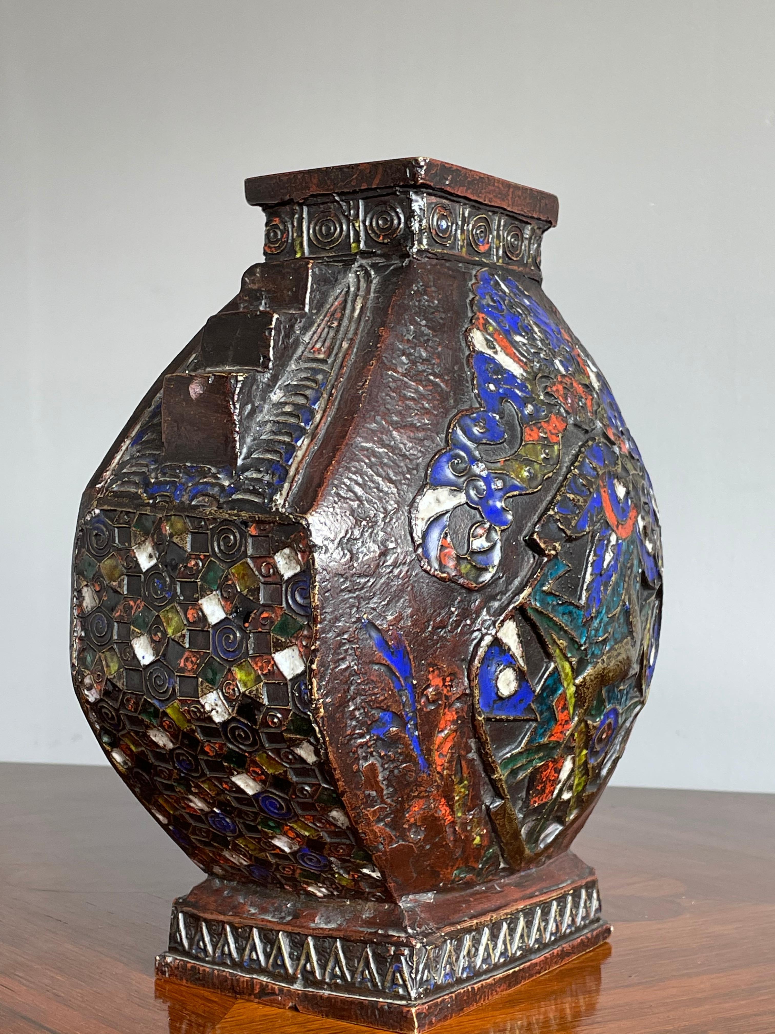 Antique Art Deco Bronze Enameled / Cloisonné Vase with Deer & Monkey Sculpture For Sale 9