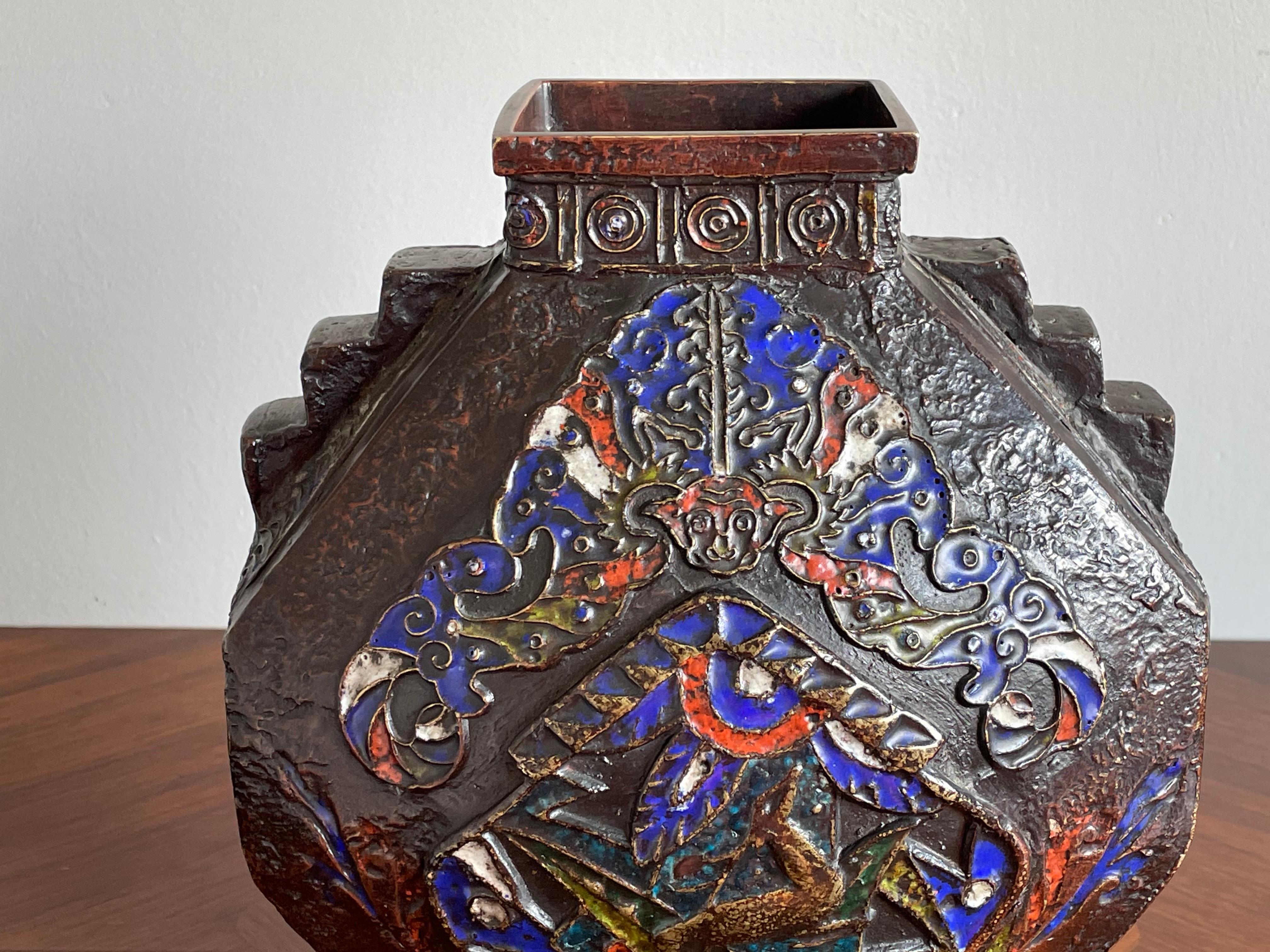 Antique Art Deco Bronze Enameled / Cloisonné Vase with Deer & Monkey Sculpture For Sale 10
