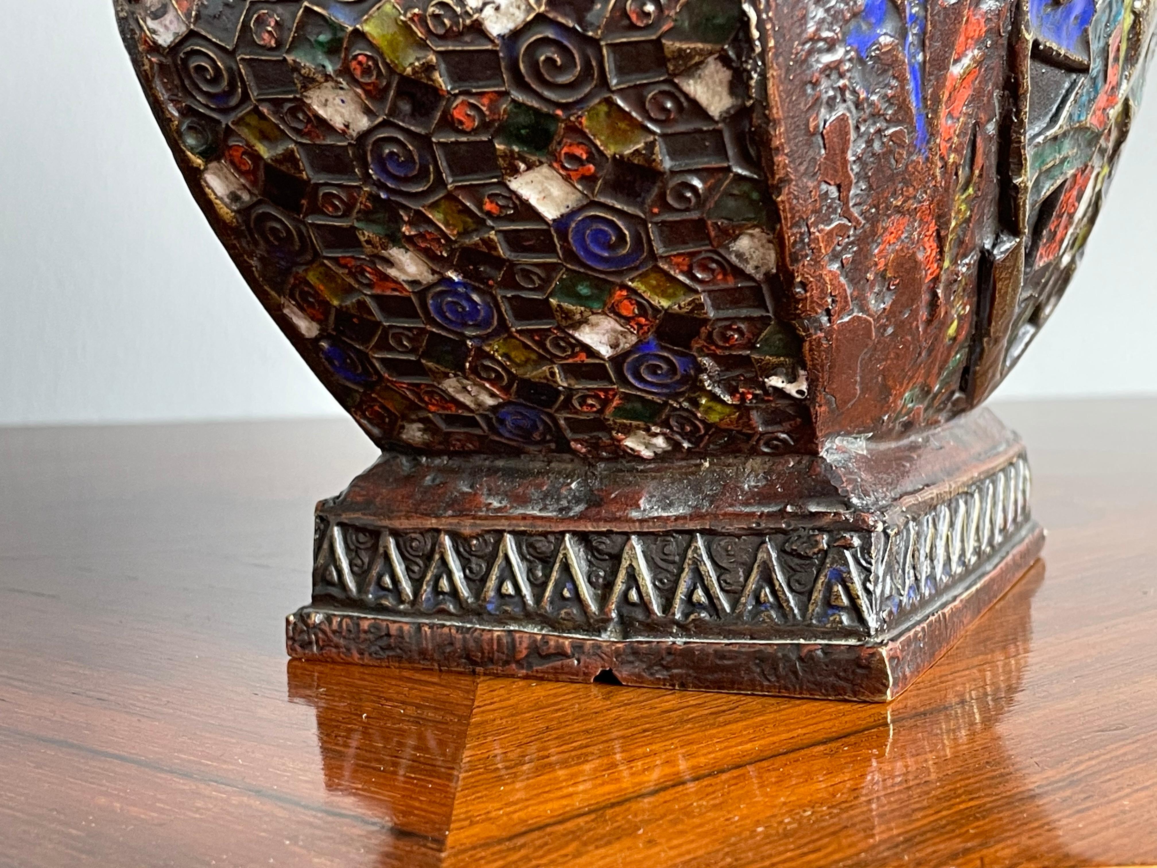 Antique Art Deco Bronze Enameled / Cloisonné Vase with Deer & Monkey Sculpture For Sale 11