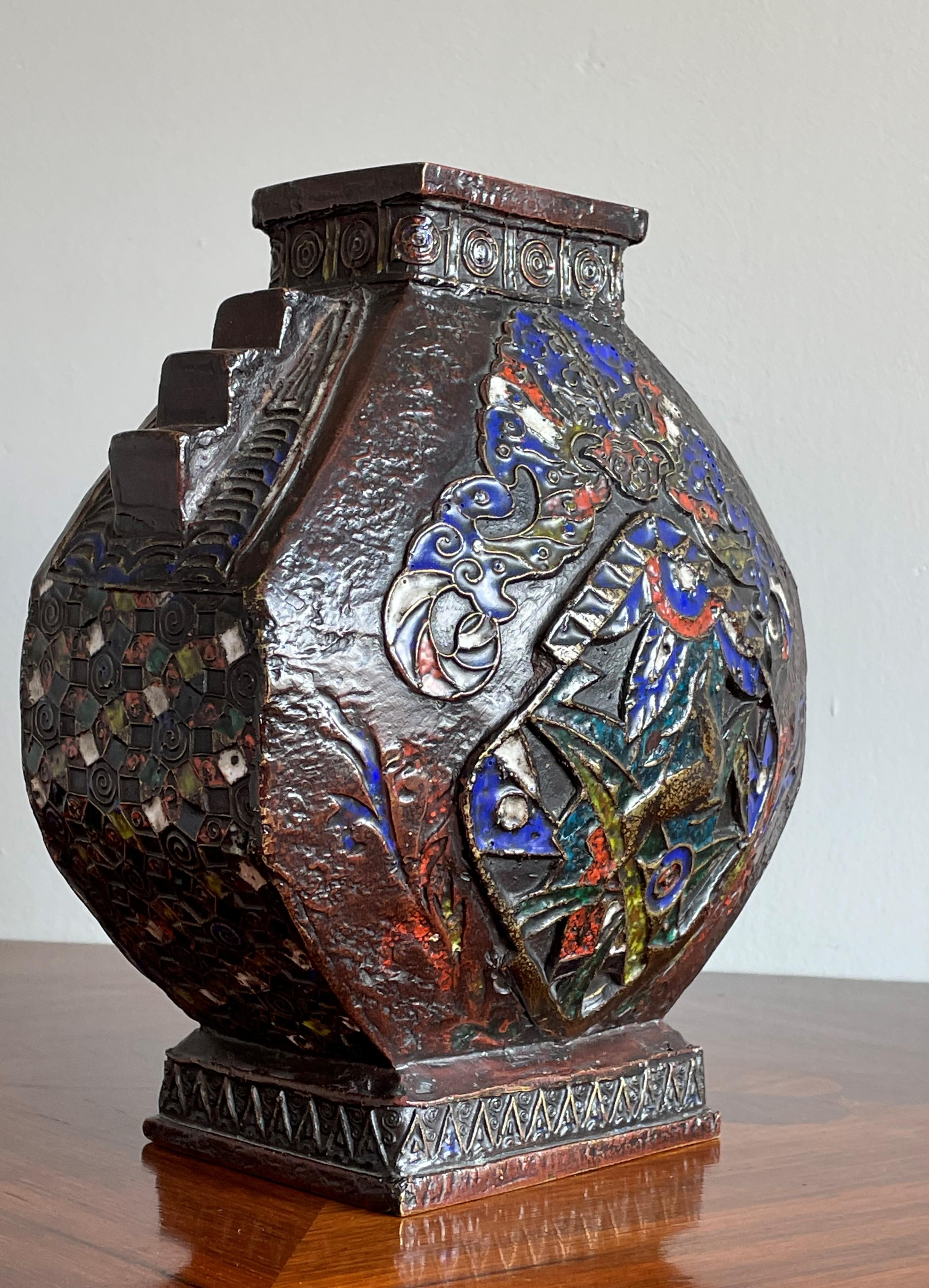Antique Art Deco Bronze Enameled / Cloisonné Vase with Deer & Monkey Sculpture For Sale 12