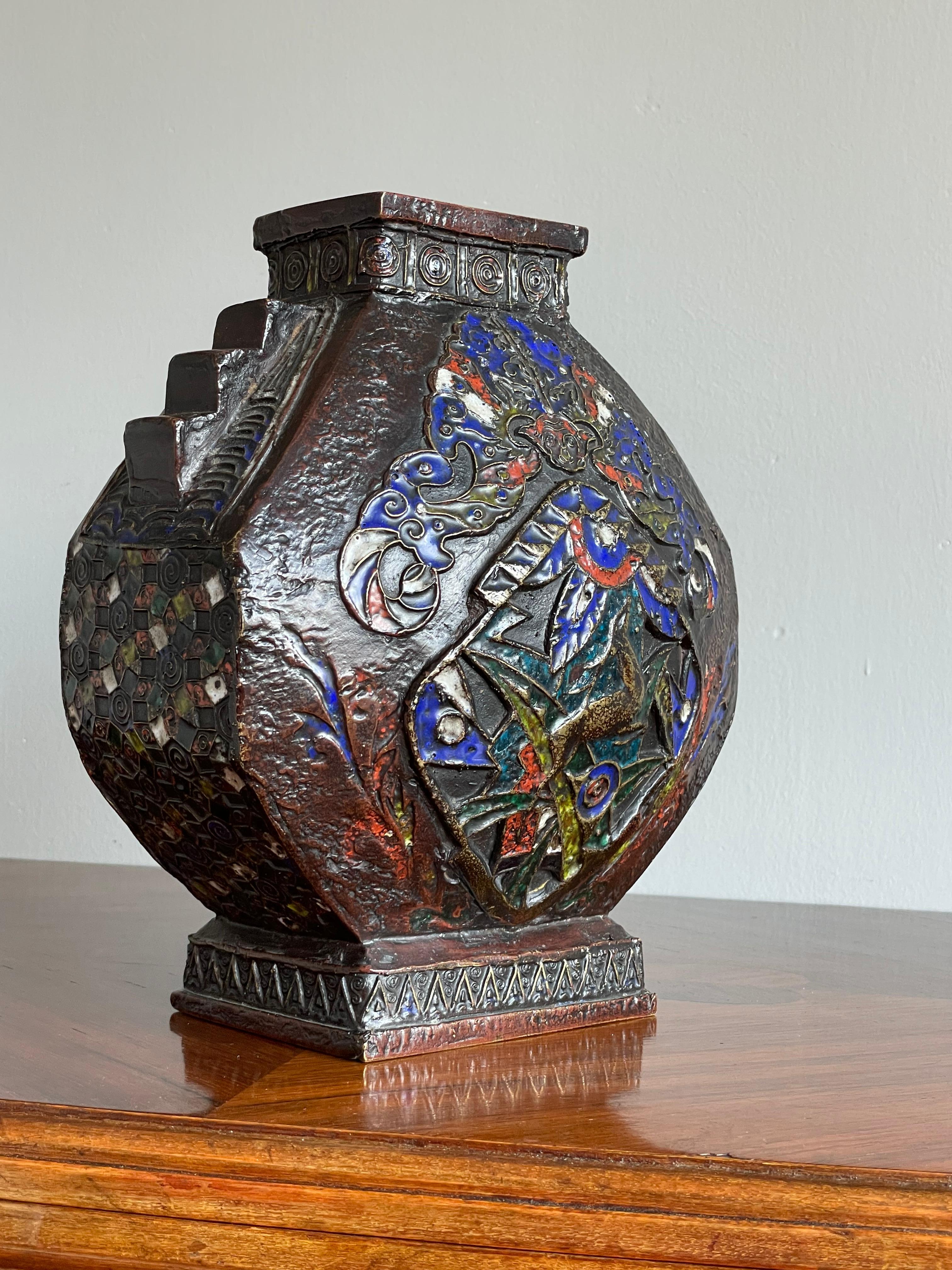 Patinated Antique Art Deco Bronze Enameled / Cloisonné Vase with Deer & Monkey Sculpture For Sale