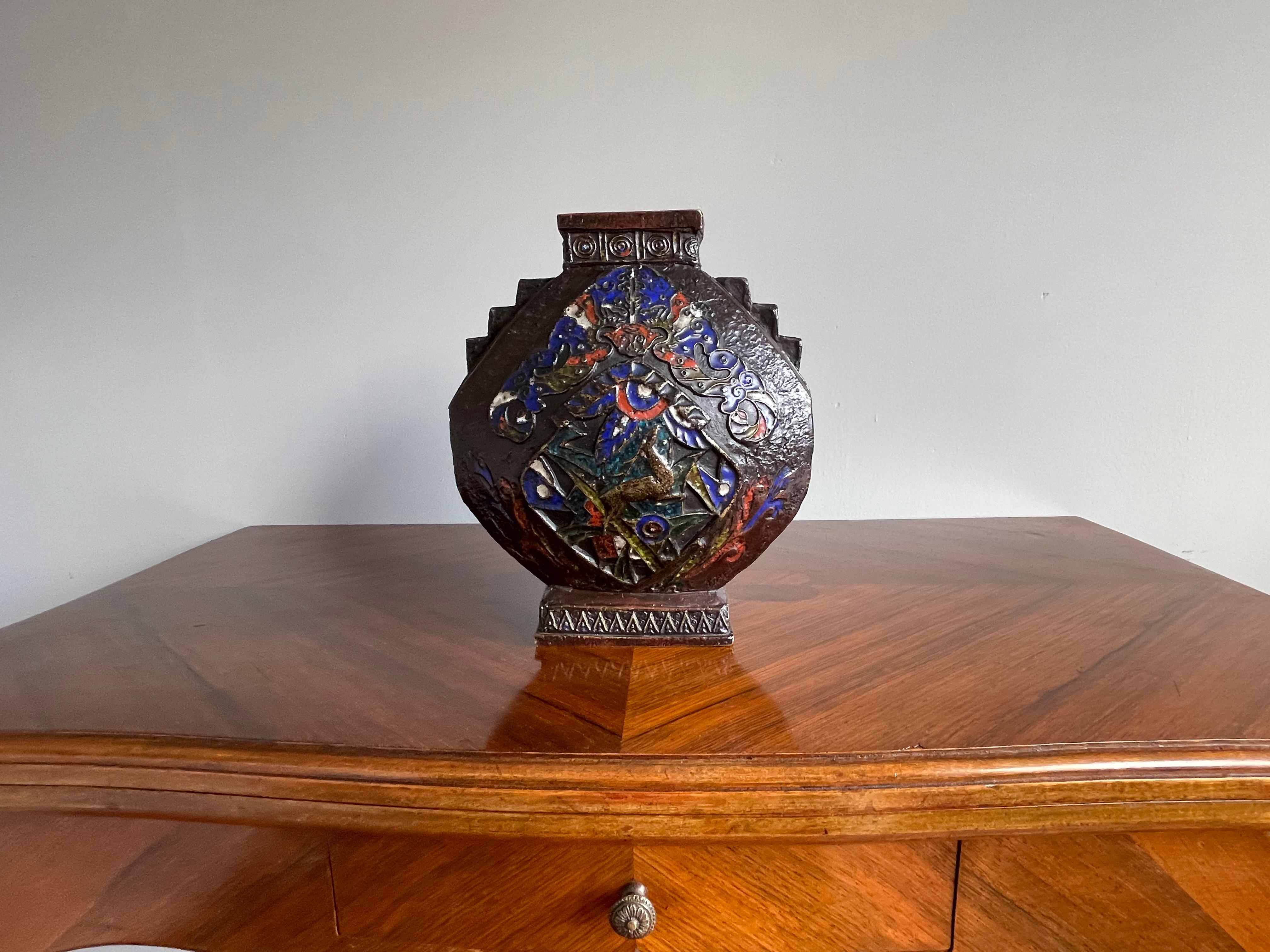 20th Century Antique Art Deco Bronze Enameled / Cloisonné Vase with Deer & Monkey Sculpture For Sale