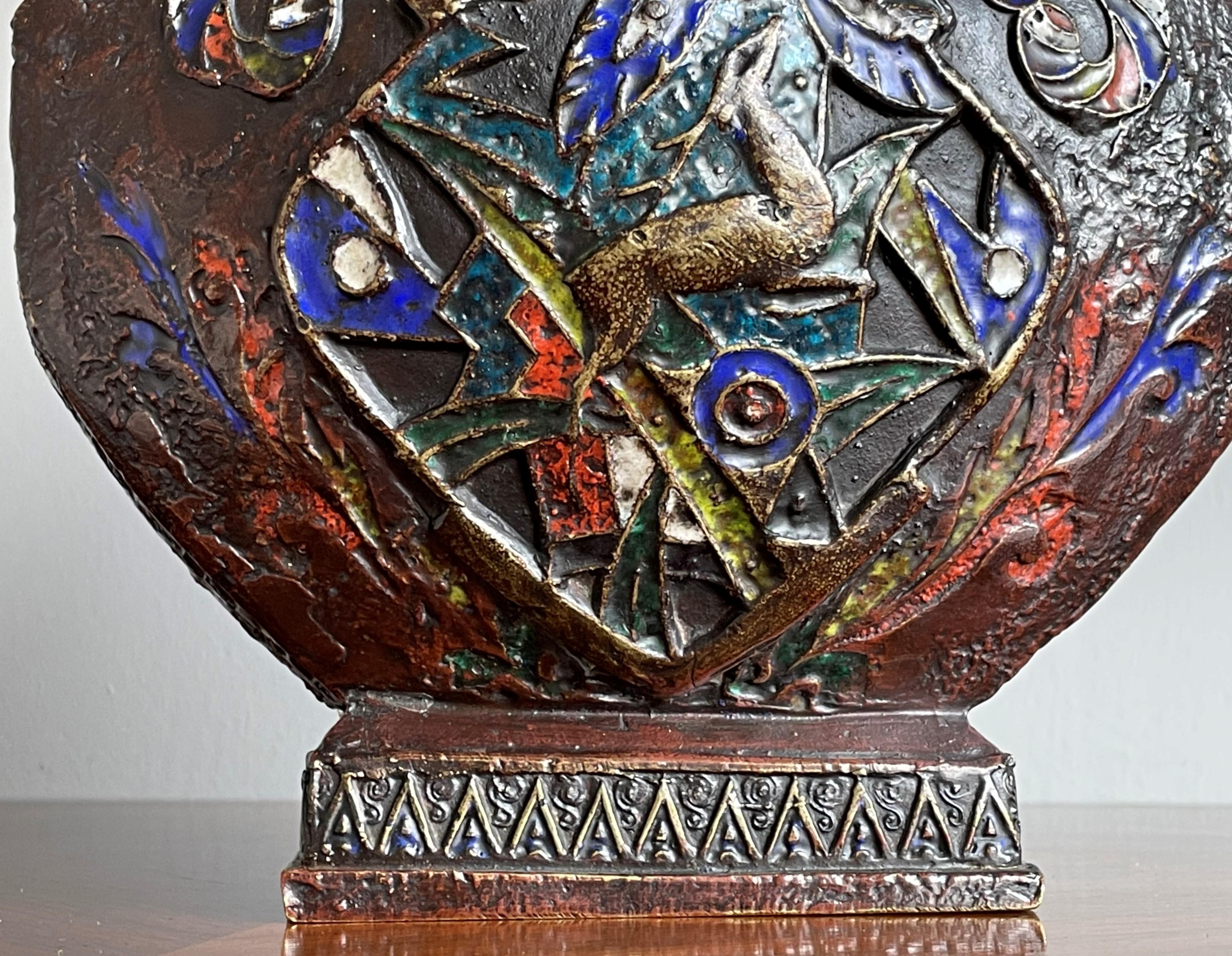 Antique Art Deco Bronze Enameled / Cloisonné Vase with Deer & Monkey Sculpture For Sale 3