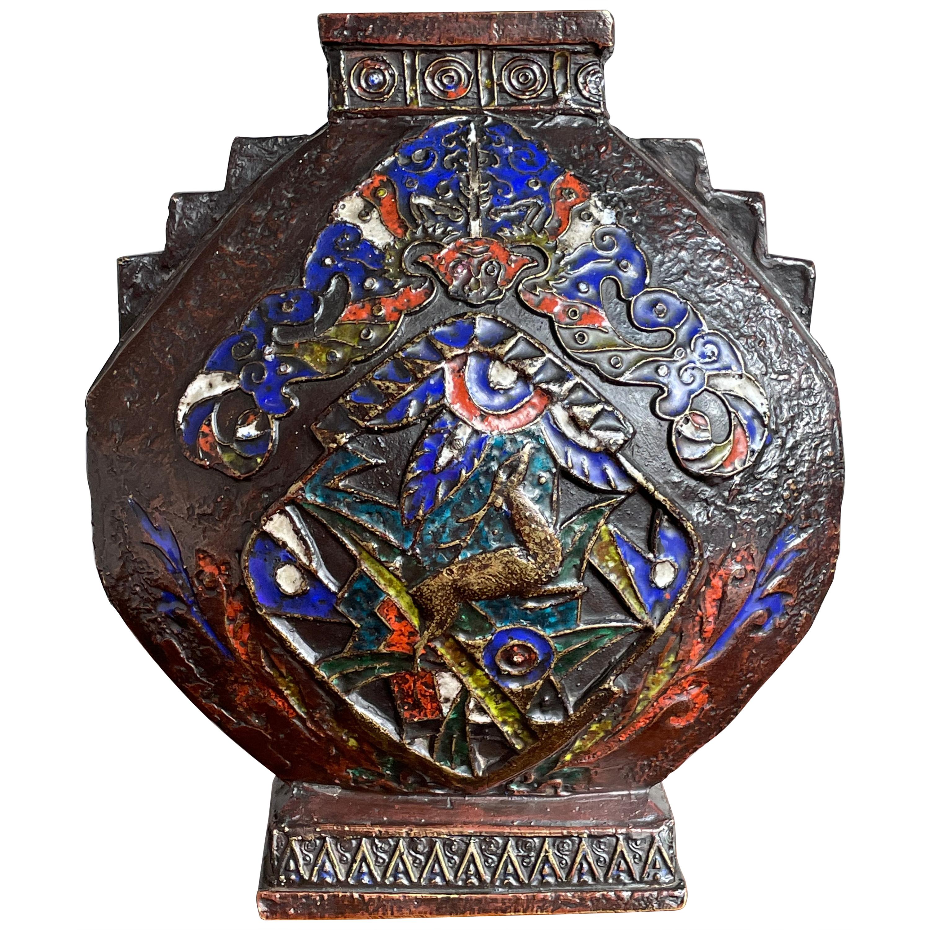 Antike antike Art-Déco-Bronze emaillierte / Cloisonné-Vase mit Hirsch- und Affenskulptur