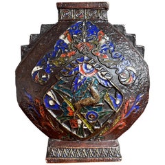 Antique Art Deco Bronze Enameled / Cloisonné Vase with Deer & Monkey Sculpture