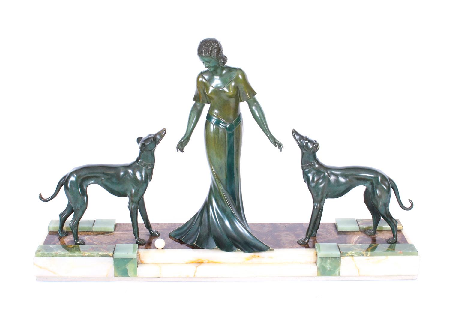 Antique Art Deco Bronze Figure of A Maiden & Hounds P.Huguenot, 1920s 6