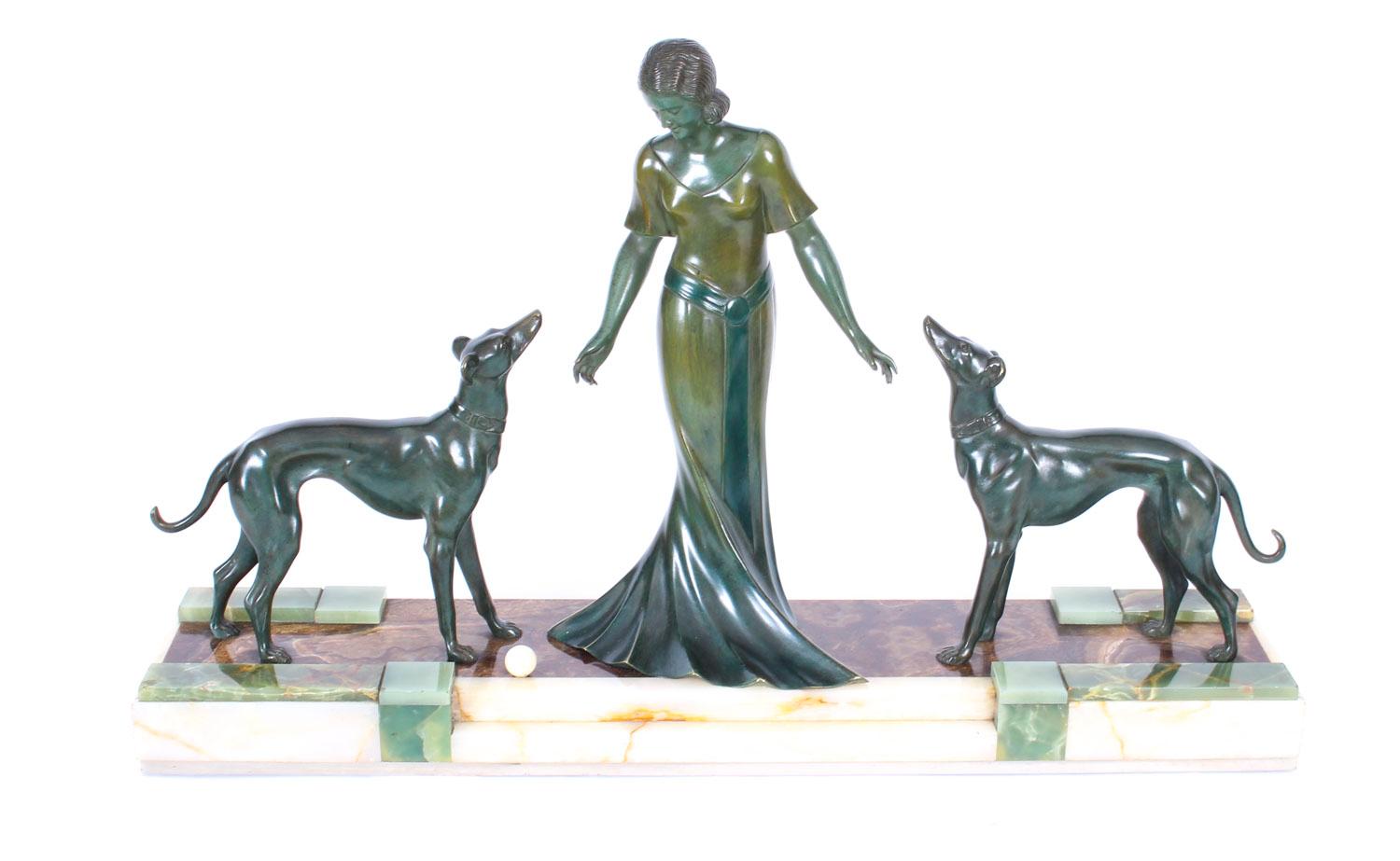 French Antique Art Deco Bronze Figure of A Maiden & Hounds P.Huguenot, 1920s