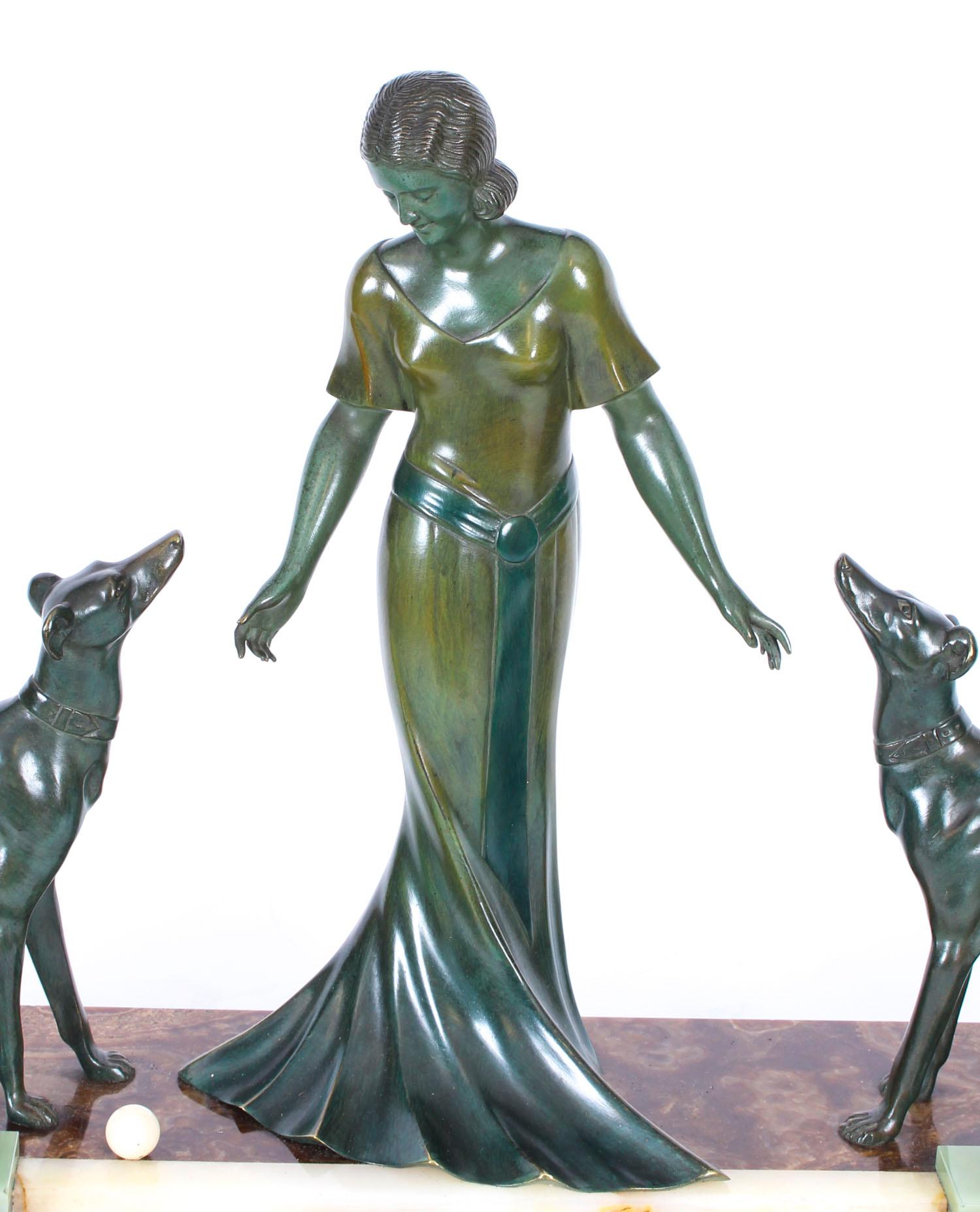 Early 20th Century Antique Art Deco Bronze Figure of A Maiden & Hounds P.Huguenot, 1920s