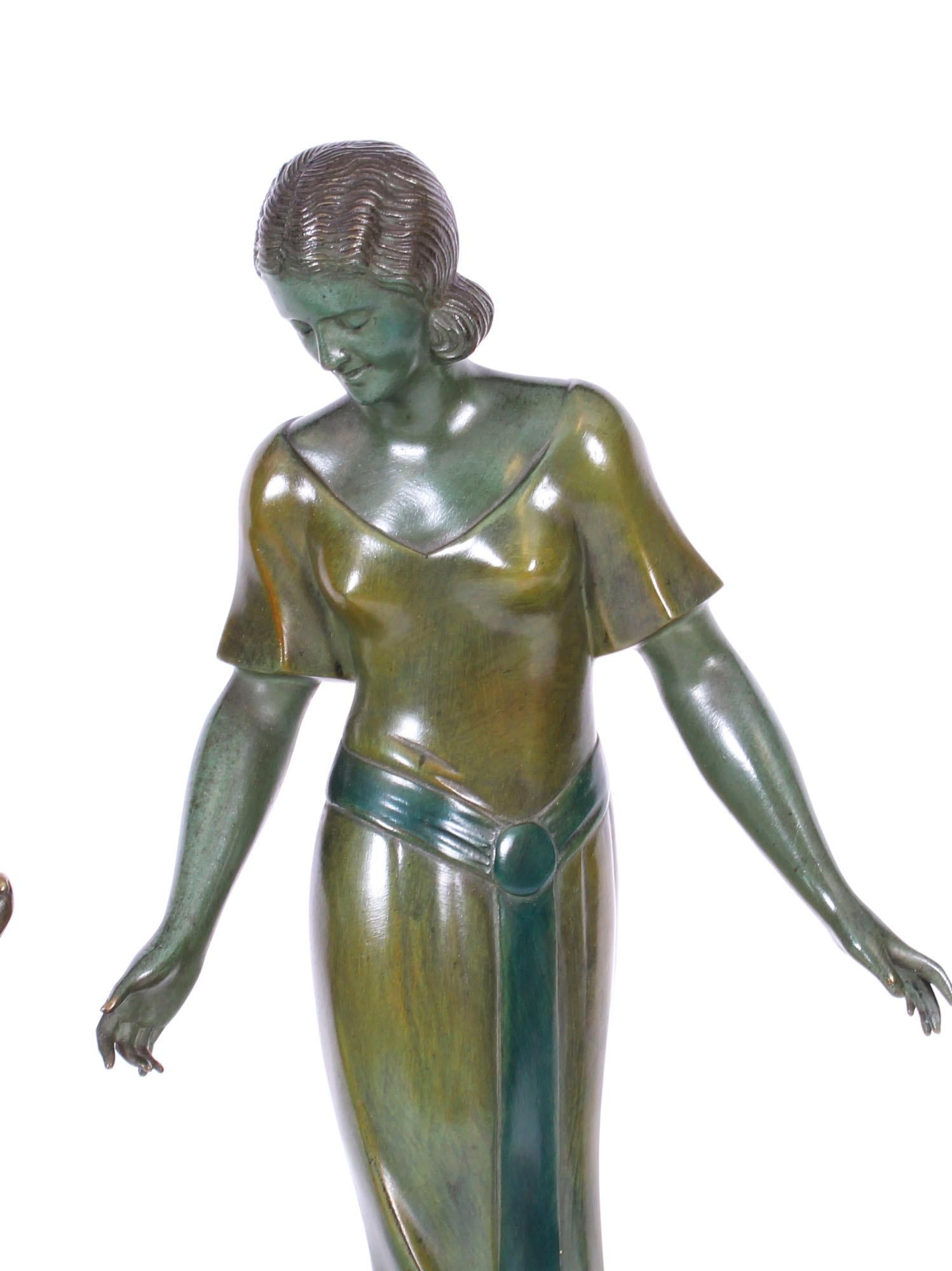 Antique Art Deco Bronze Figure of A Maiden & Hounds P.Huguenot, 1920s 1