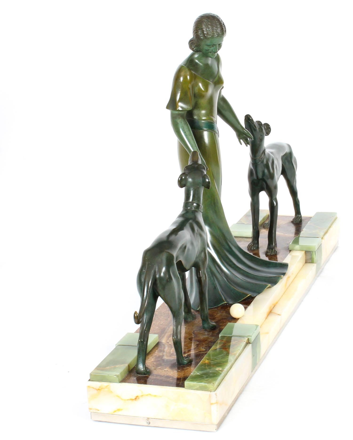 Antique Art Deco Bronze Figure of A Maiden & Hounds P.Huguenot, 1920s 3