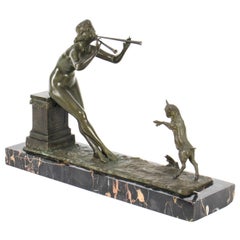 Figure ancienne en bronze Art déco représentant une jeune fille et un agneau par Henri. Fuere 1920s