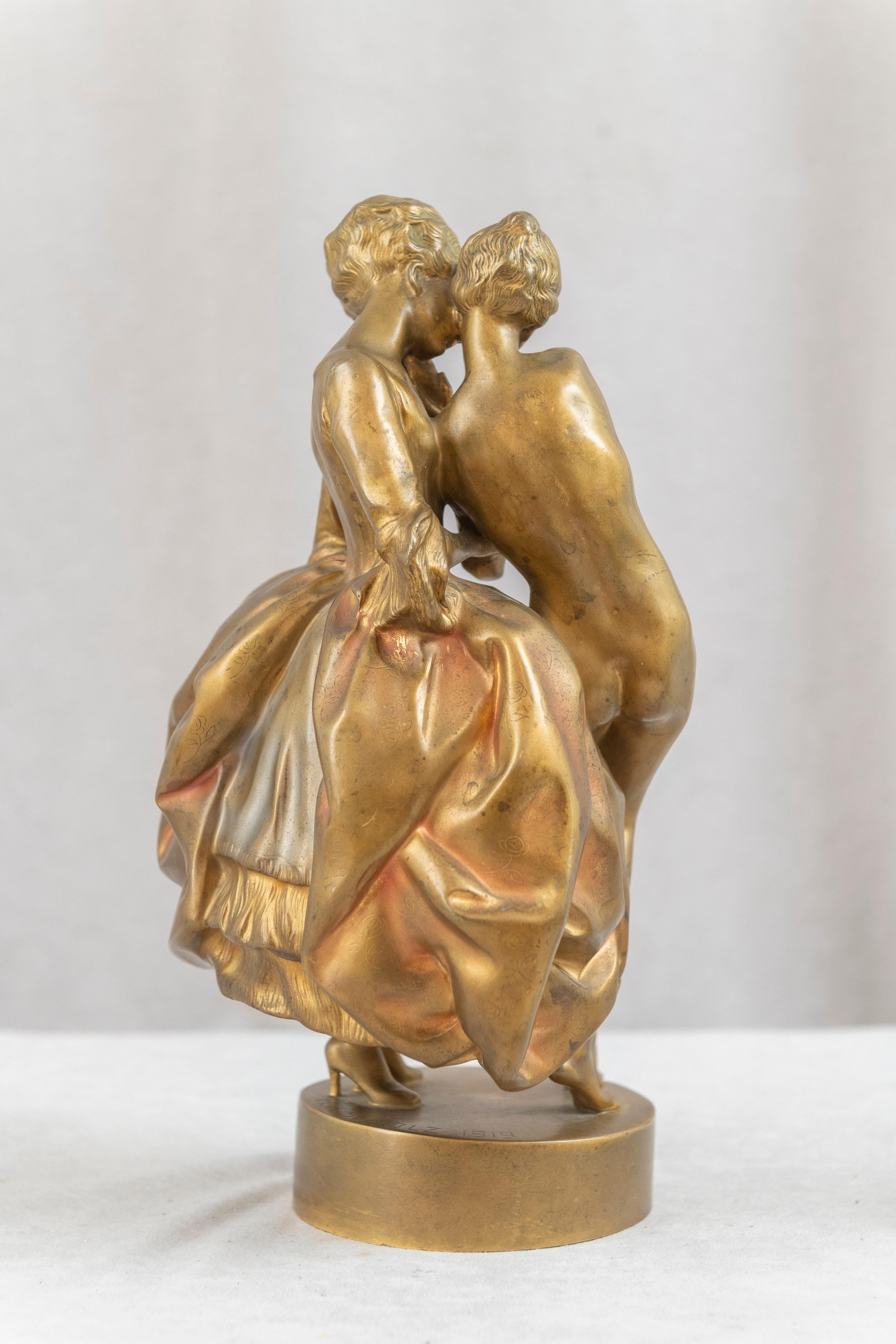 Gilt Antique Art Deco Bronze Lesbian Art LGBTQ Heinrich Karl Scholz Austrian 1919 For Sale