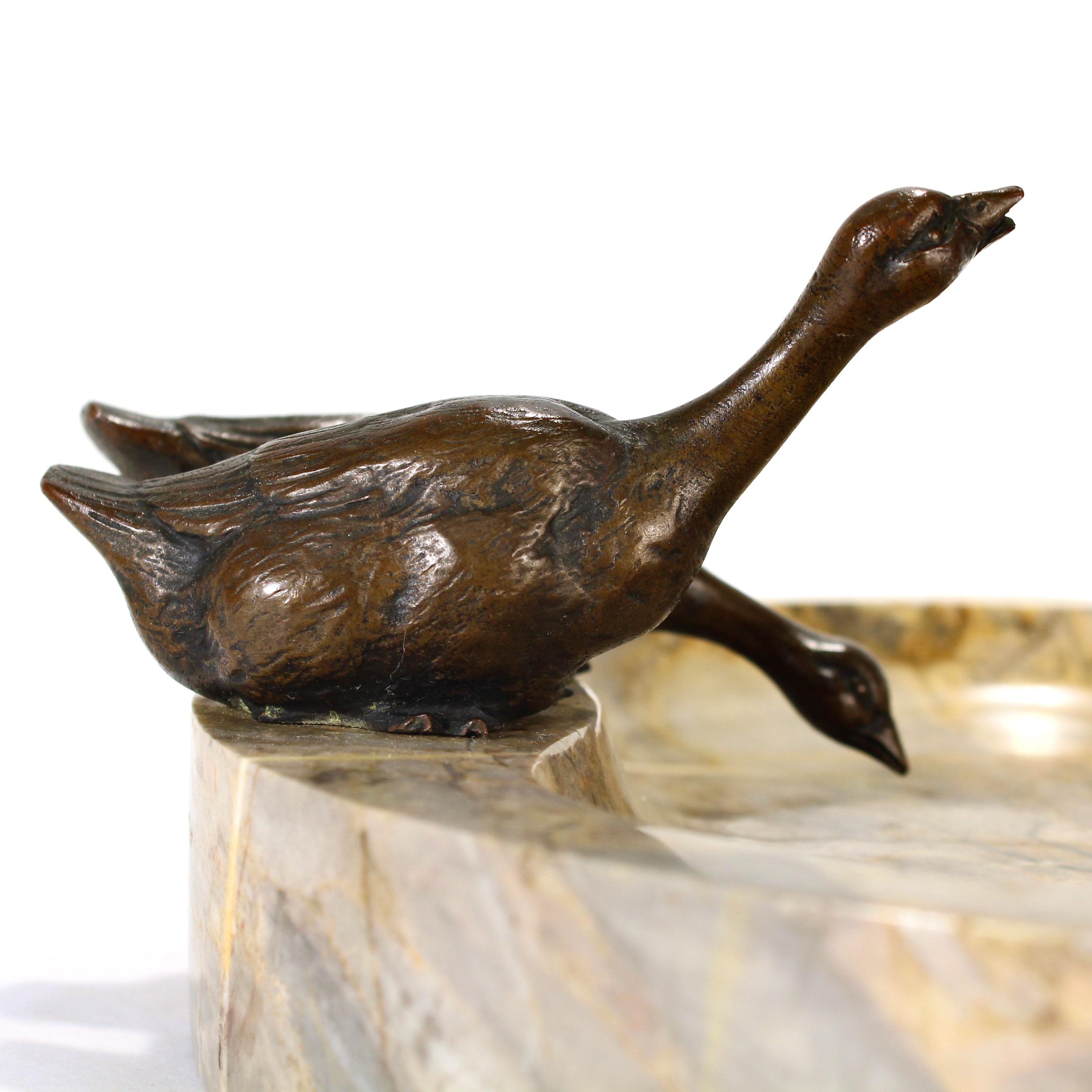 German Antique Art Deco Bronze & Marble Vide Poche with Geese