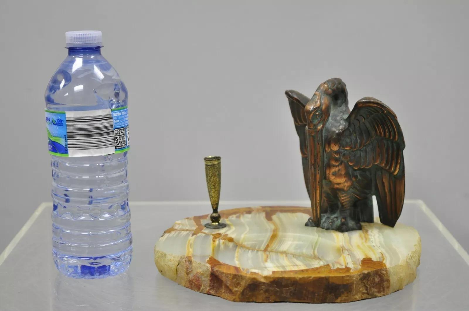 Antique Art Deco Bronze Pelican Crane Bird Pen Holder Onyx Desk Dish Tray 5