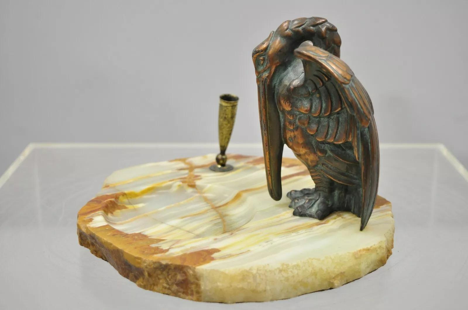 Antique Art Deco Bronze Pelican Crane Bird Pen Holder Onyx Desk Dish Tray 7