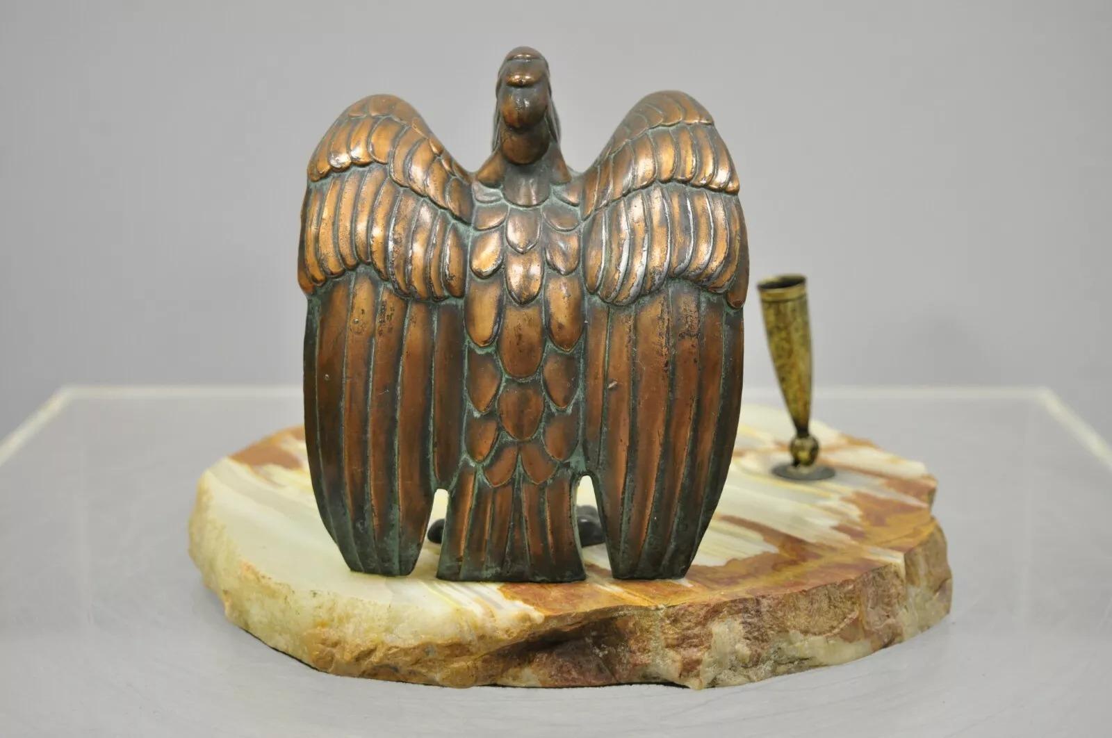 Antique Art Deco Bronze Pelican Crane Bird Pen Holder Onyx Desk Dish Tray In Good Condition In Philadelphia, PA