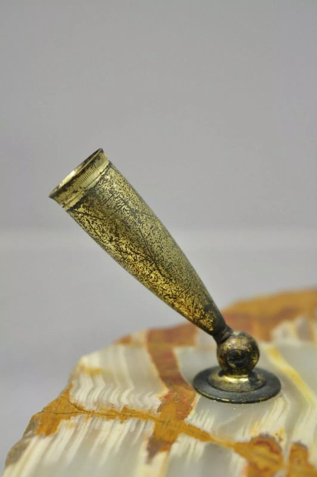 Antique Art Deco Bronze Pelican Crane Bird Pen Holder Onyx Desk Dish Tray 2