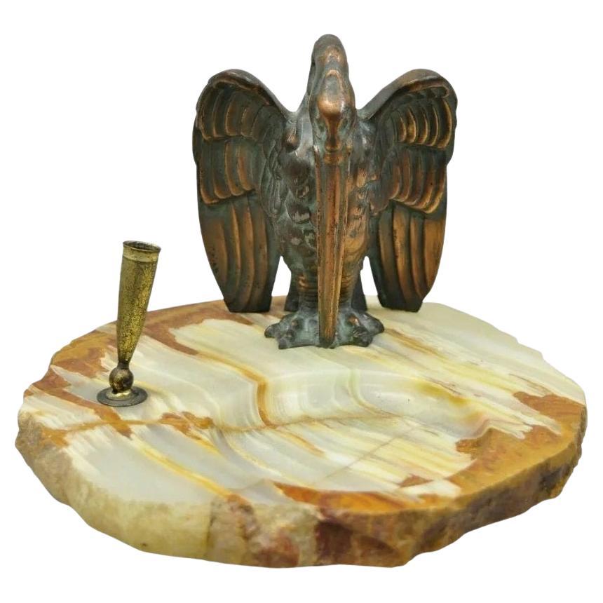 Antique Art Deco Bronze Pelican Crane Bird Pen Holder Onyx Desk Dish Tray