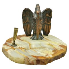 Antique Art Deco Bronze Pelican Crane Bird Pen Holder Onyx Desk Dish Tray