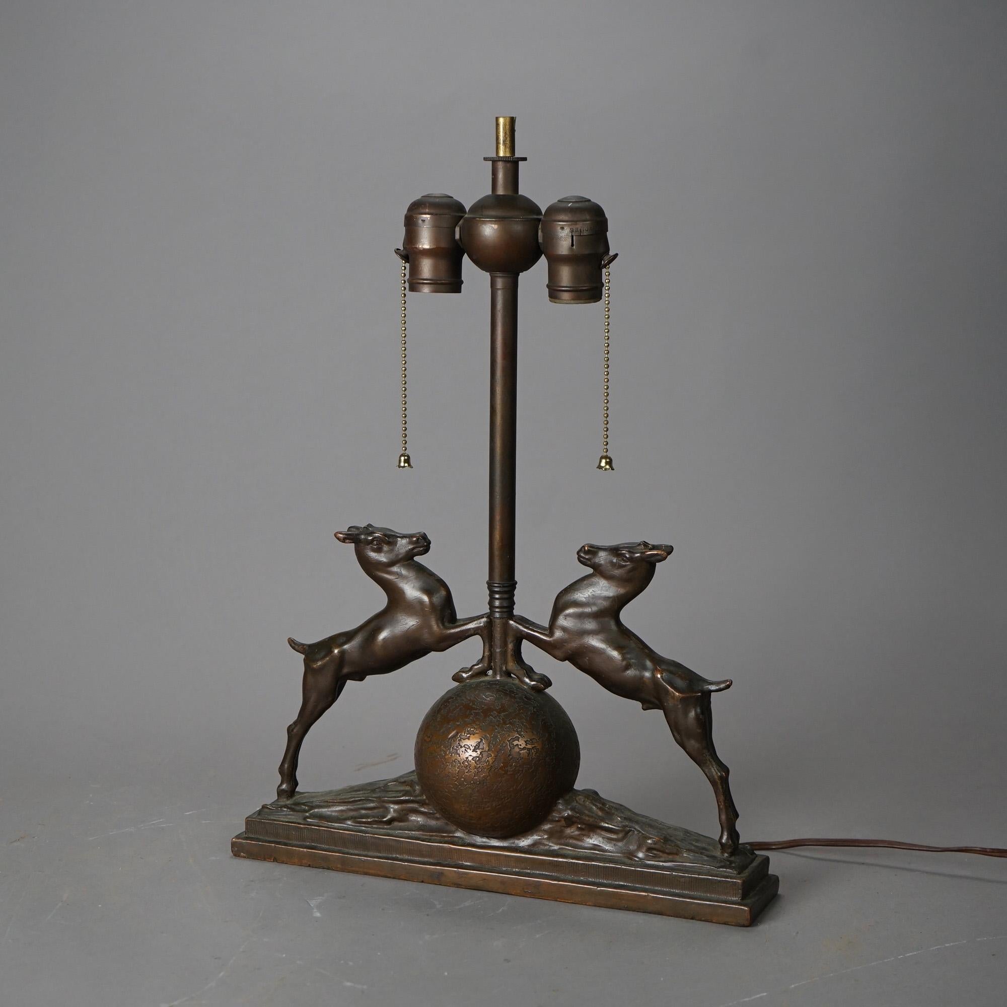 American Antique Art Deco Bronzed Metal Figural Table Lamp circa 1920