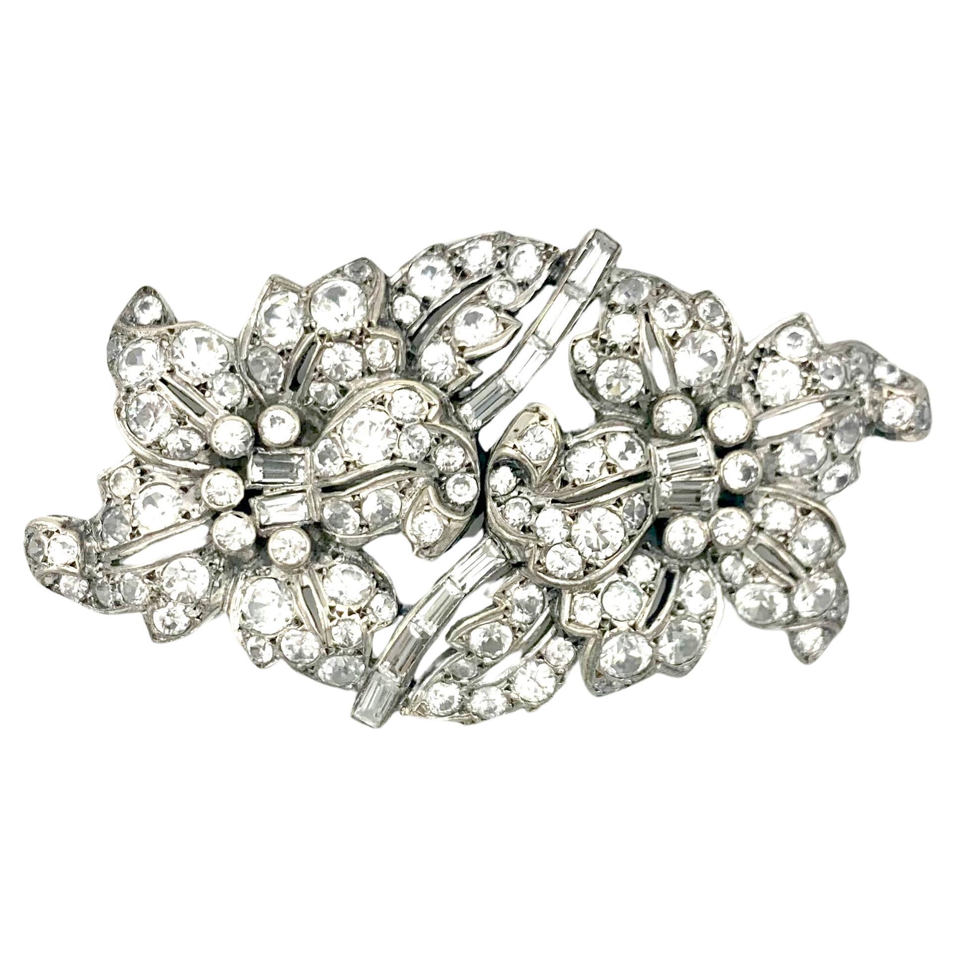 Antique Art Deco Brooch Stylized Flowers Rock Crytall Silver For Sale