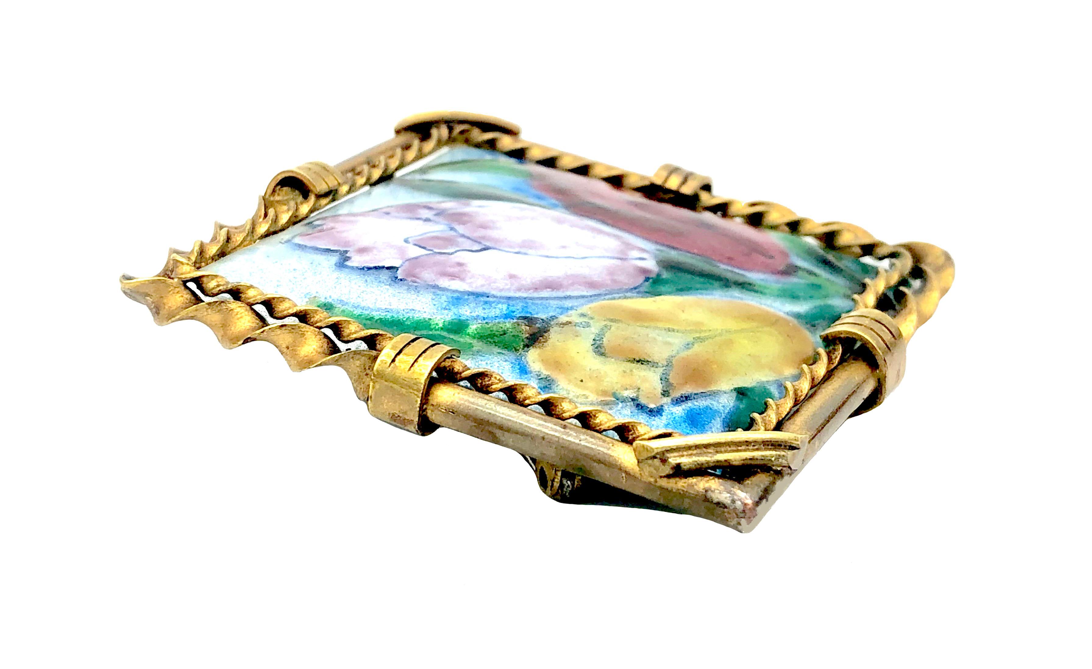 Antique Art Deco Brooch Tulips Polychrome Enamel Painting on Copper Brass Frame In Good Condition For Sale In Munich, Bavaria