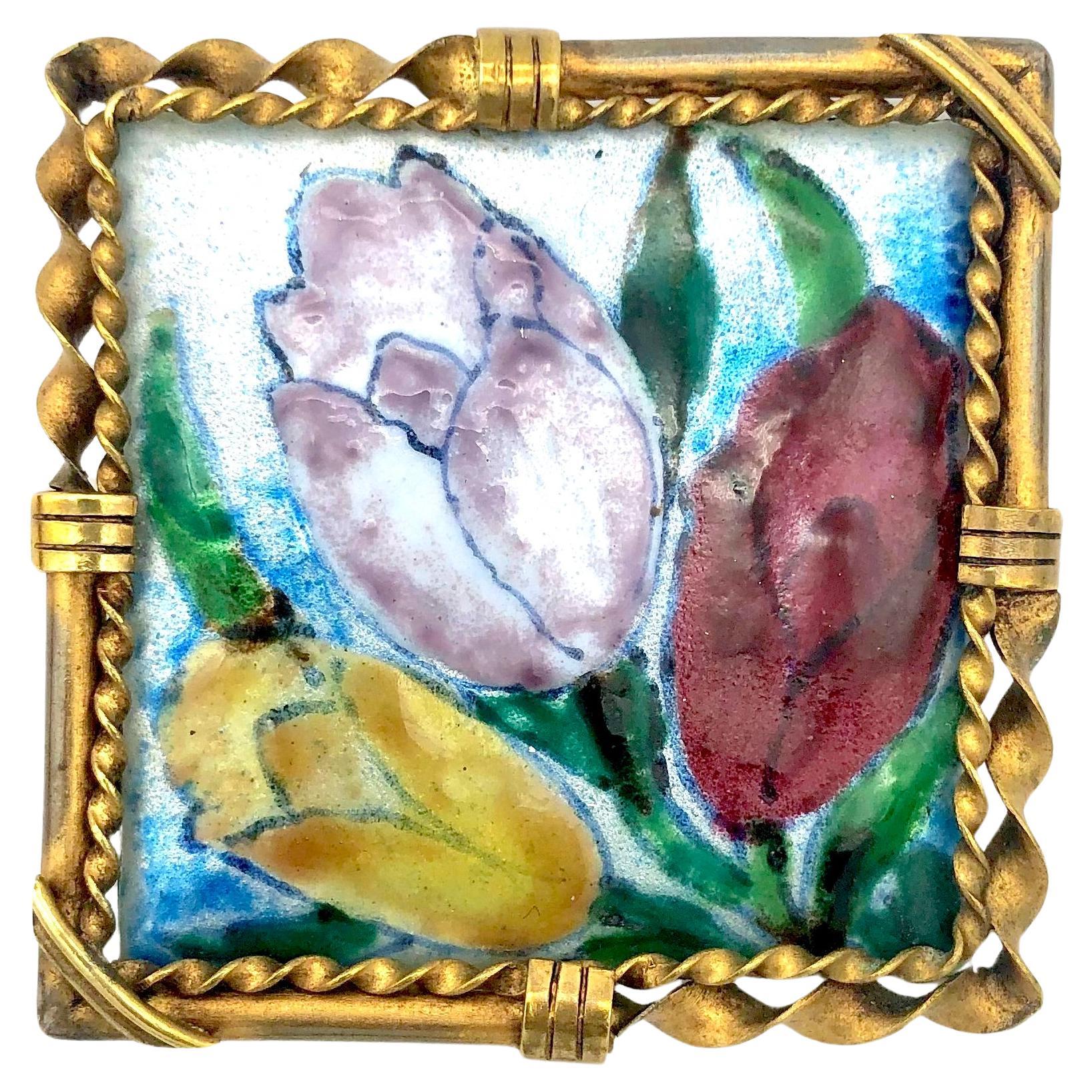 Antique Art Deco Brooch Tulips Polychrome Enamel Painting on Copper Brass Frame