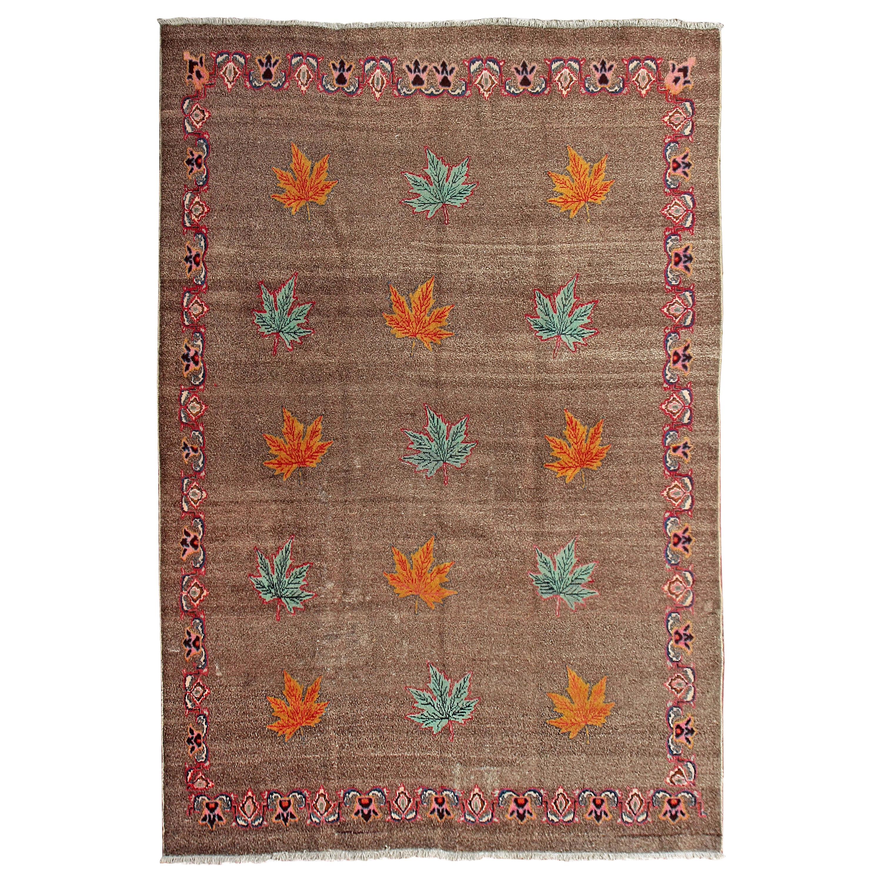 Antique Art Deco Brown and Ivory Salt and Pepper Rug with Large Maple Leaves For Sale