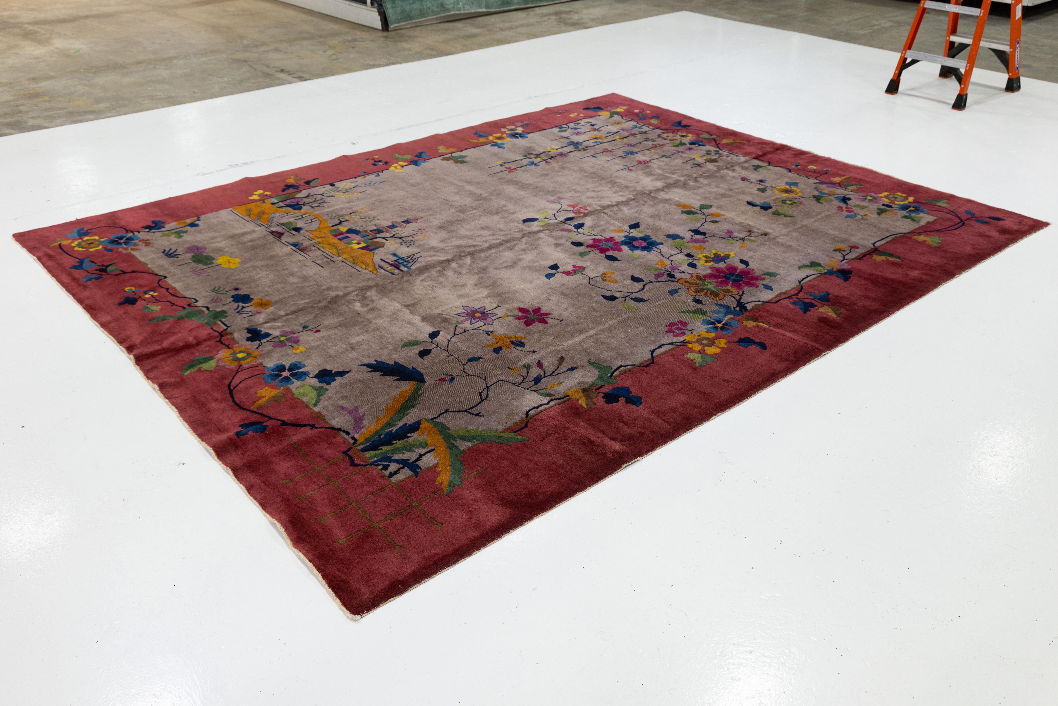 Chinois Tapis chinois ancien Art Déco en laine marron et rouge fait à la main en vente