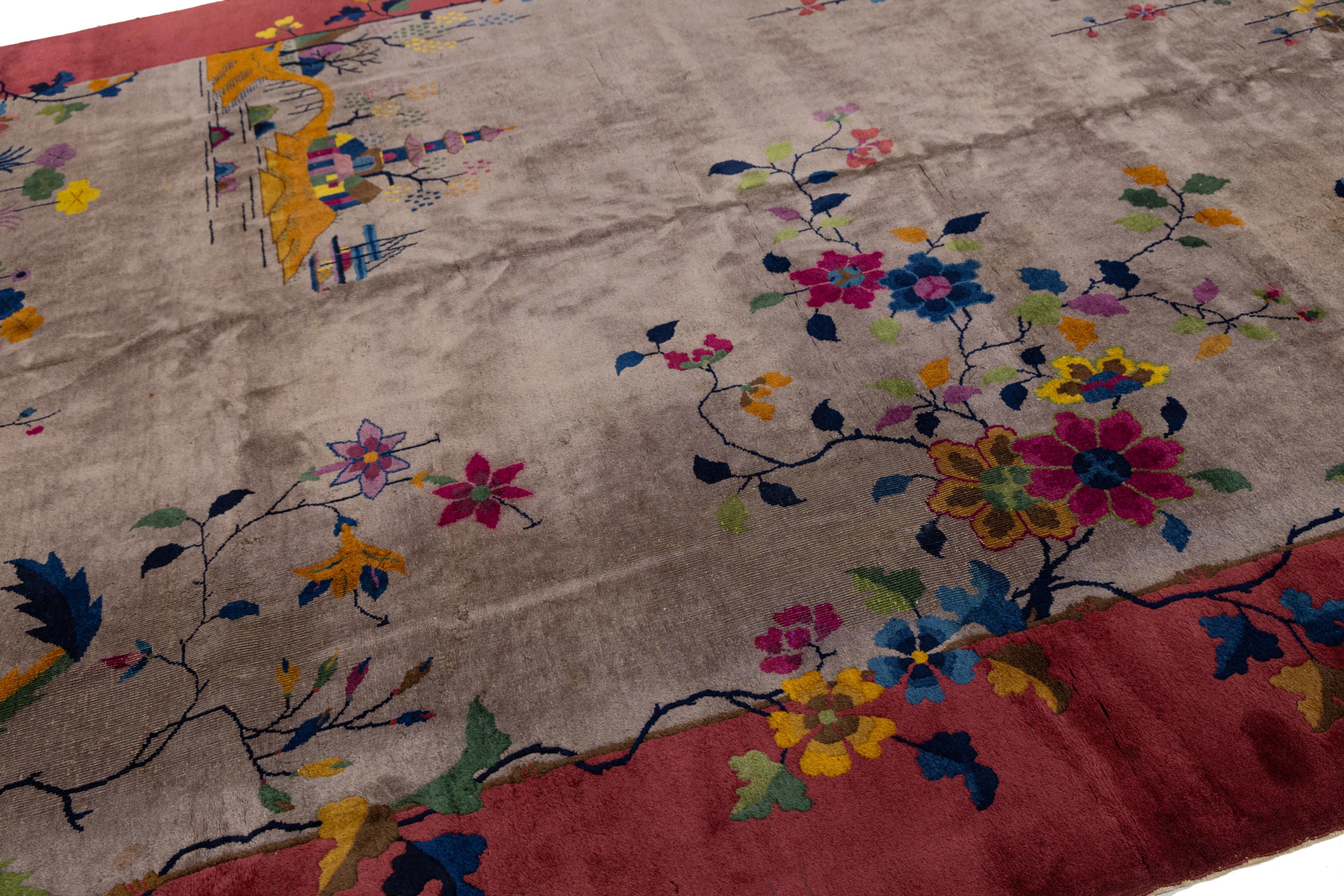 Noué à la main Tapis chinois ancien Art Déco en laine marron et rouge fait à la main en vente