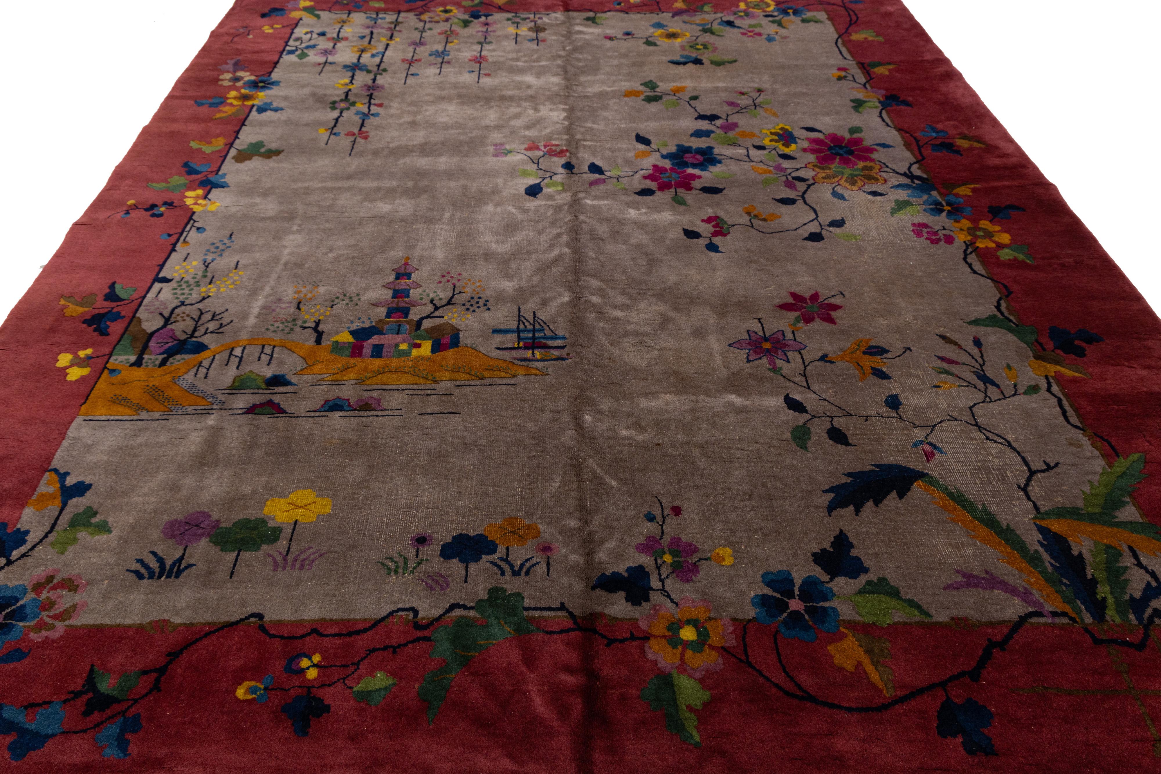 Autre Tapis chinois ancien Art Déco en laine marron et rouge fait à la main en vente