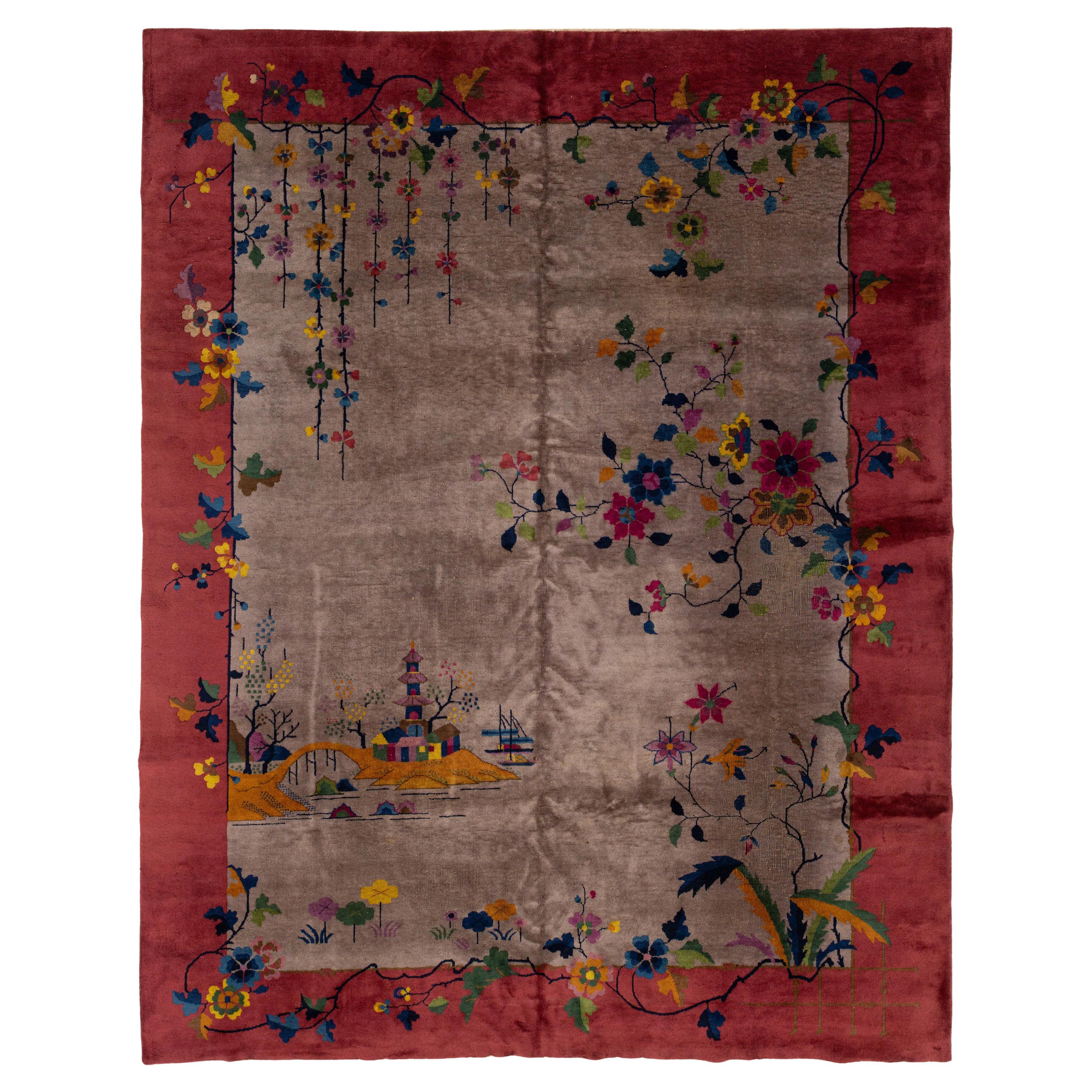 Tapis chinois ancien Art Déco en laine marron et rouge fait à la main