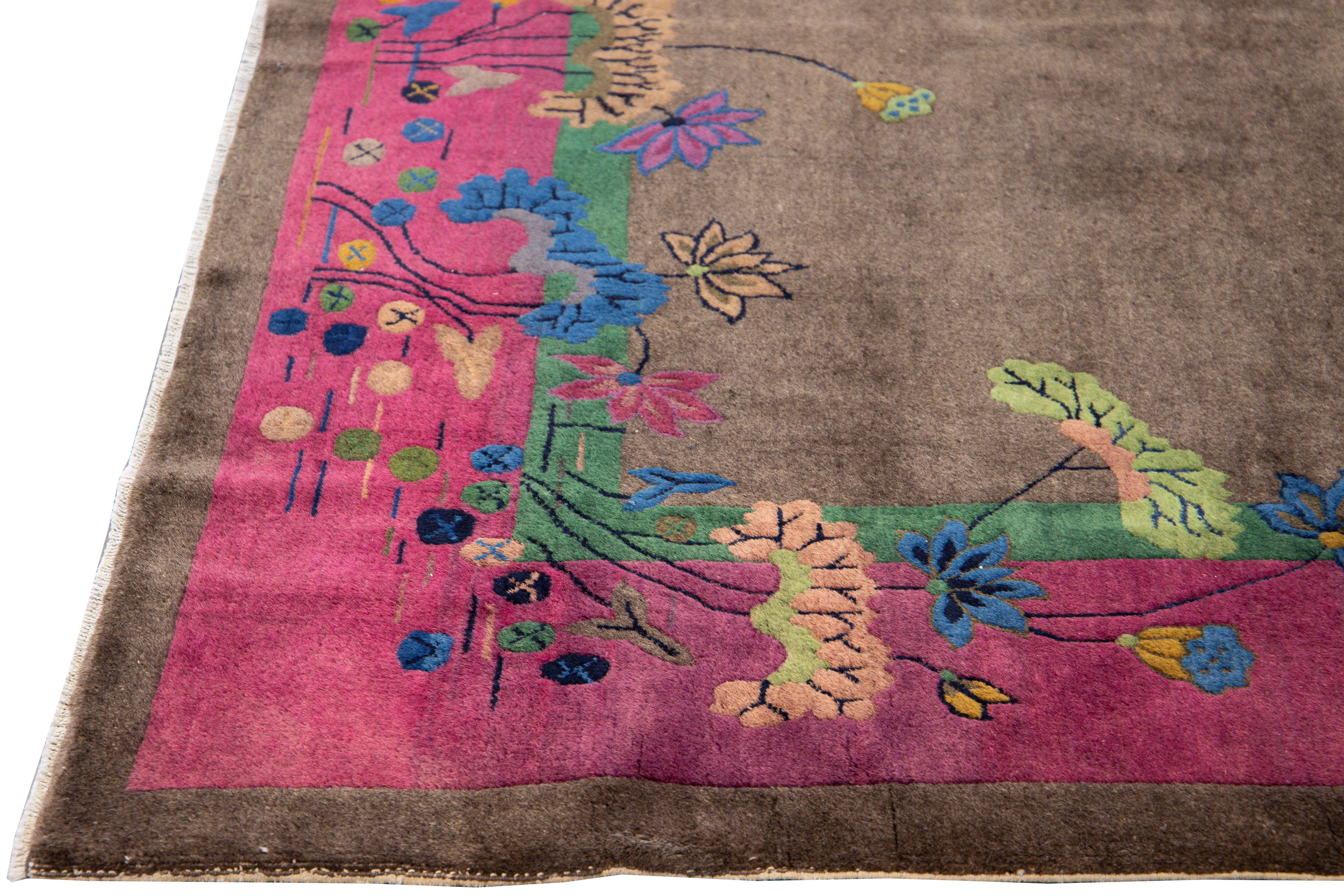 Antique Art Deco Brown Handmade Floral Chinese Wool Rug In Good Condition For Sale In Norwalk, CT