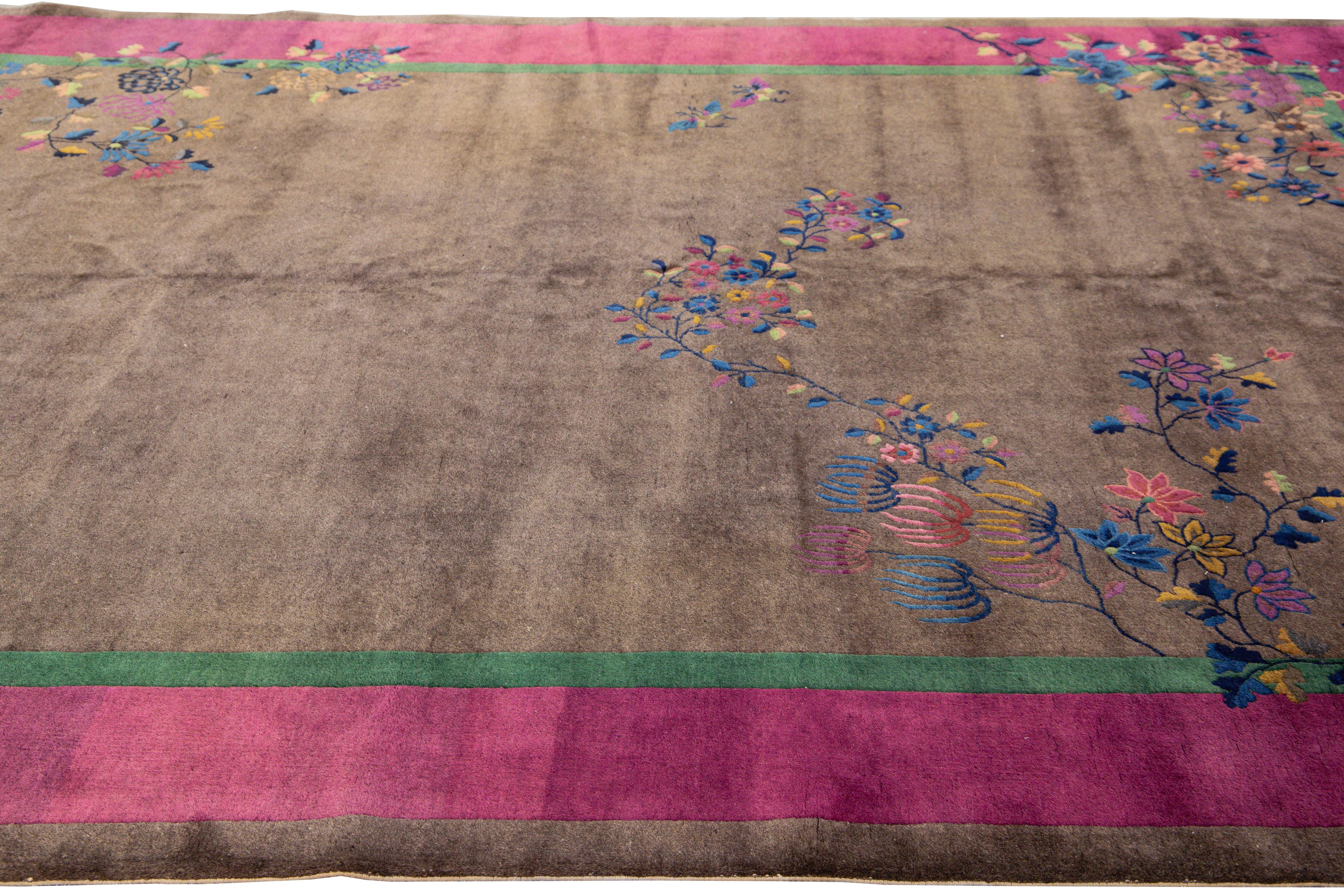20th Century Antique Art Deco Brown Handmade Floral Chinese Wool Rug For Sale