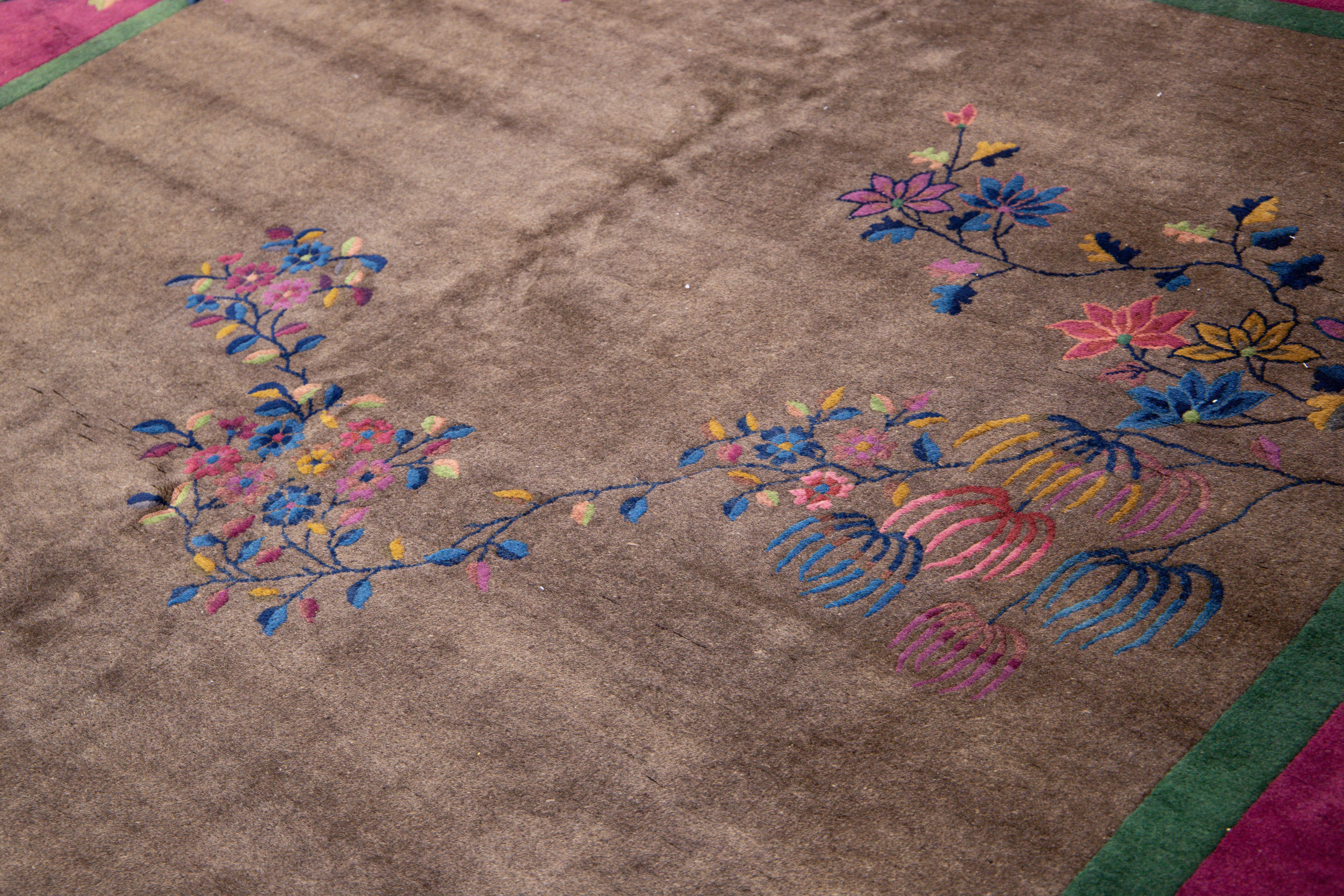 Other Antique Art Deco Brown Handmade Floral Chinese Wool Rug For Sale