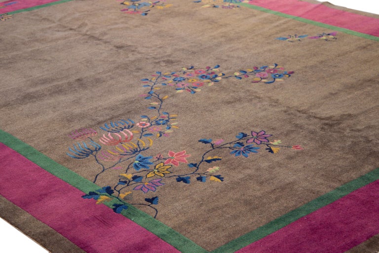 Antique Art Deco Brown Handmade Floral Chinese Wool Rug For Sale at 1stDibs