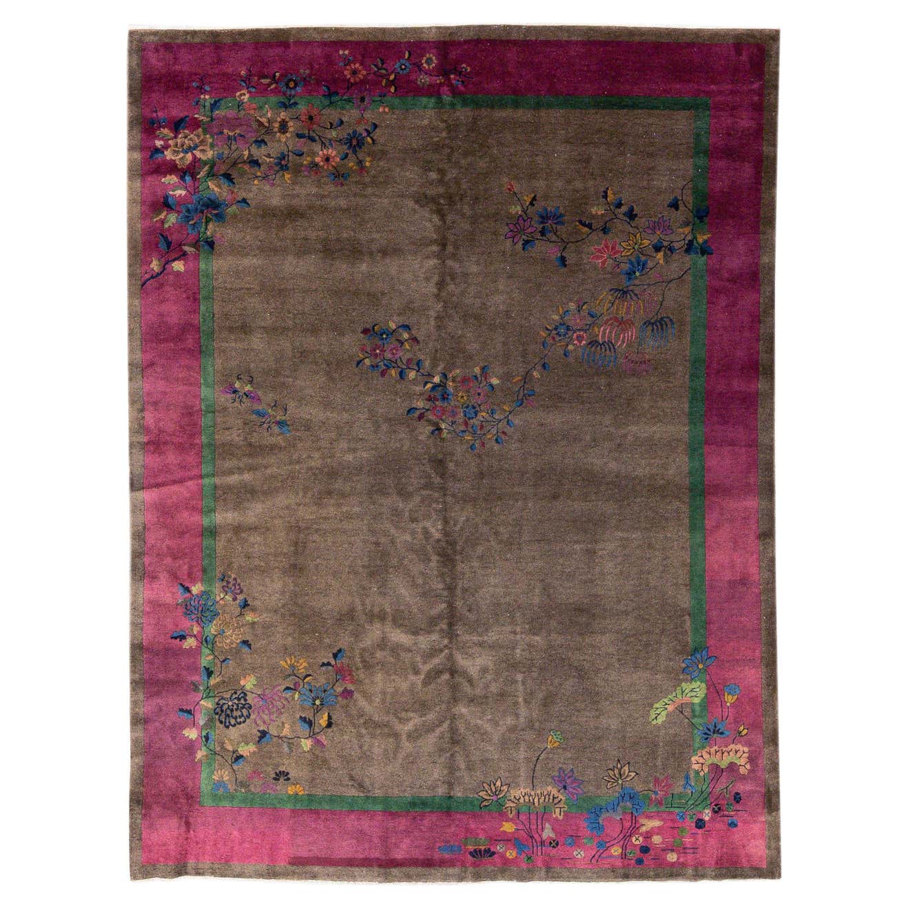 Antique Art Deco Brown Handmade Floral Chinese Wool Rug For Sale at 1stDibs