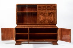Antique Art Deco Burl Wood China Cabinet or Bar Cabinet with Drop-down Tabletop