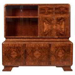 Antique Art Deco Burl Wood China Cabinet or Bar Cabinet with Drop-down Tabletop