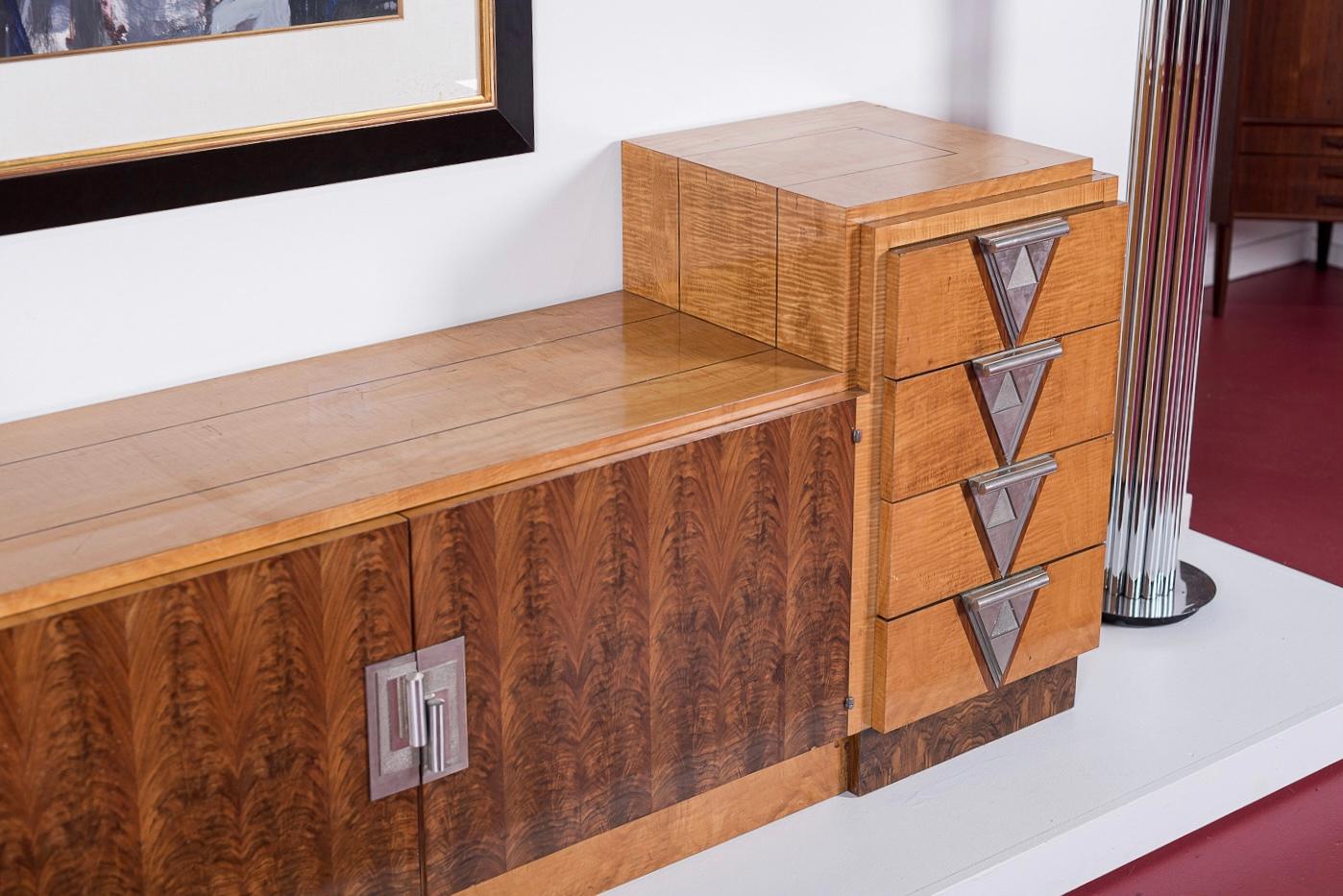 Metal Antique Art Deco Burl Wood Credenza Sideboard or Bar Cabinet